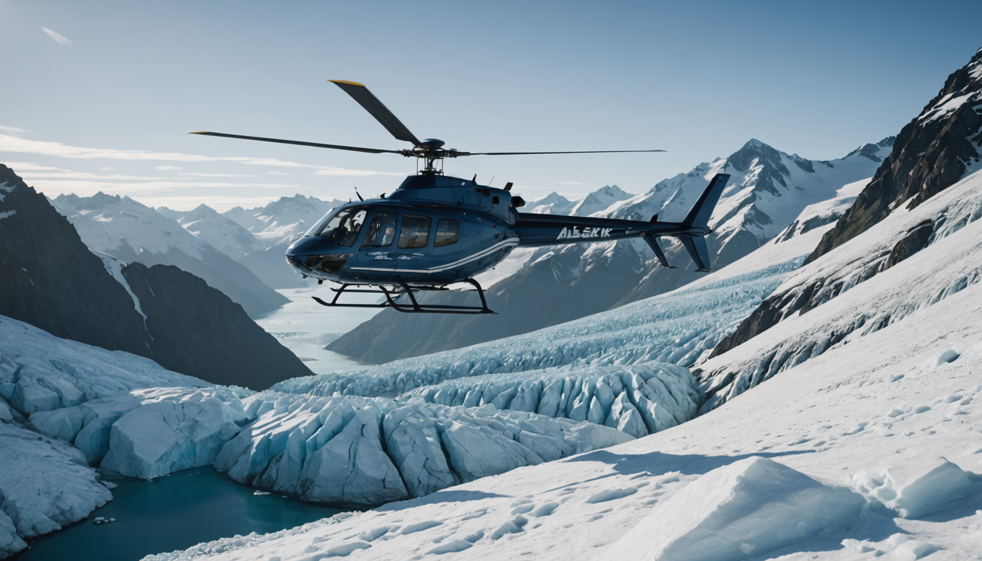 Helicopter landing on a snowy Alaskan peak with panoramic views