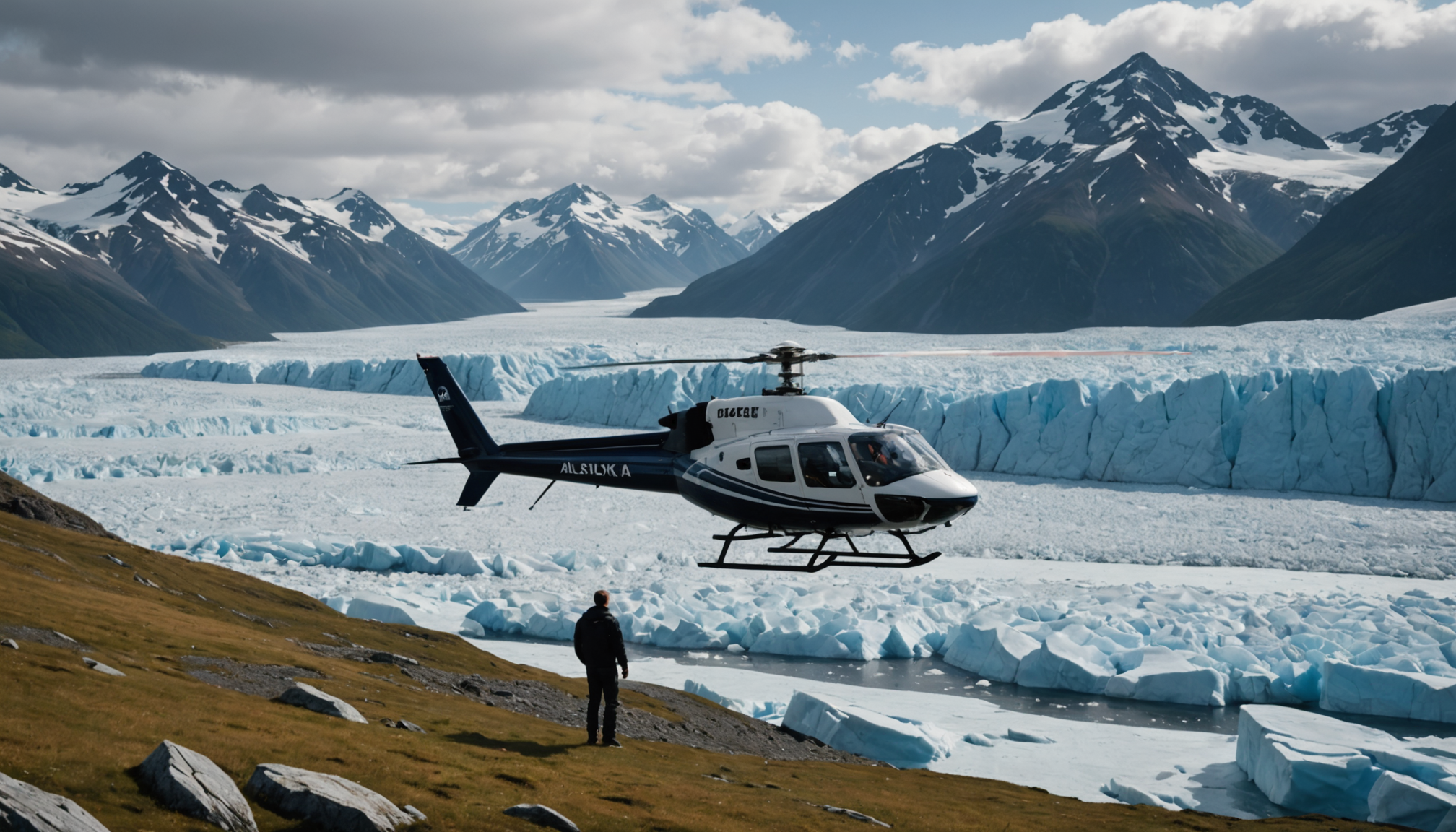 Helicopter landing near a glacier with passengers preparing to explore
