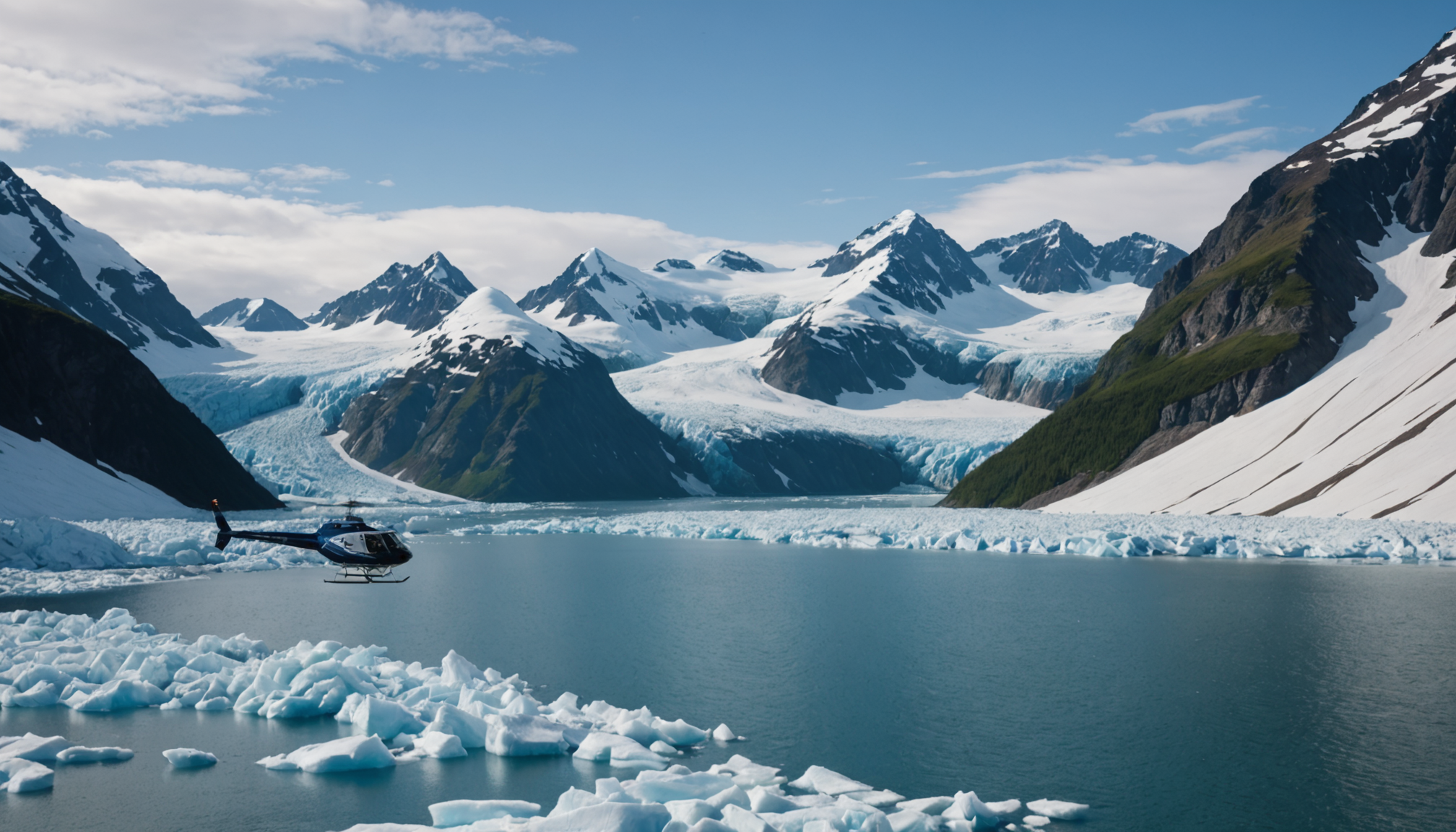 A small luxury cruise ship navigating through Prince William Sound with snow-capped mountains in the background