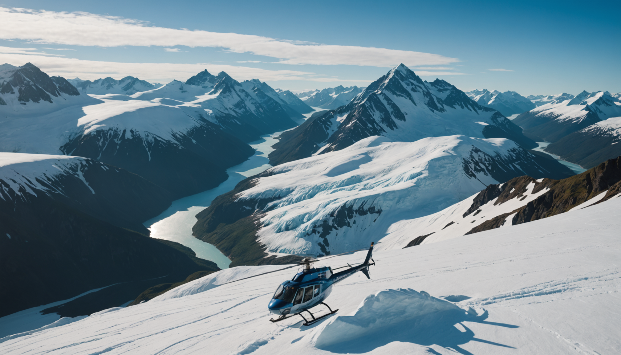 Helicopter landing on a snowy peak in the Chugach Mountains