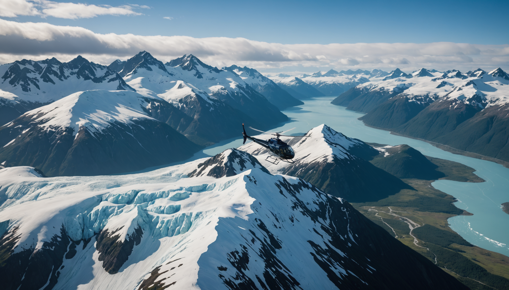 Helicopter flying over the Chugach Mountains
