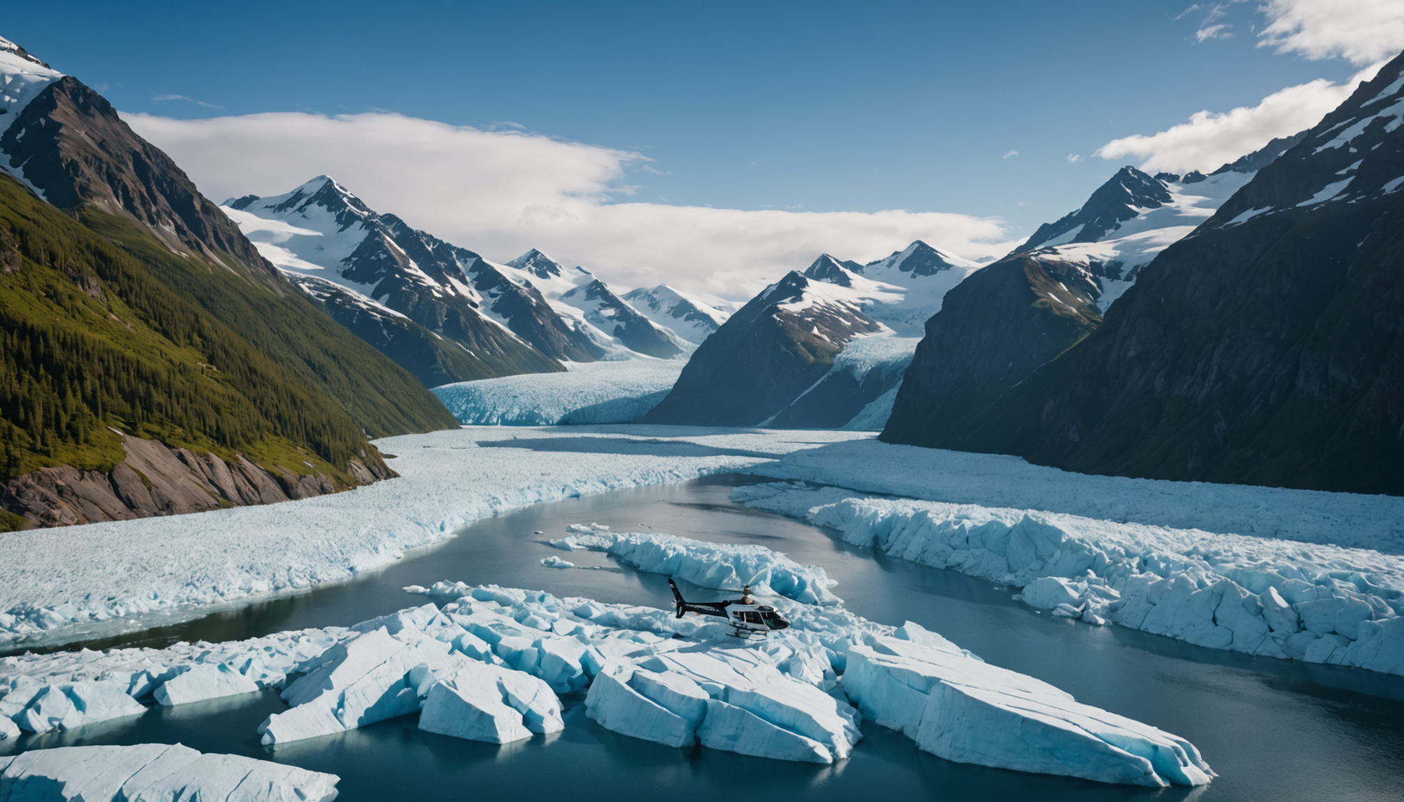 A small ship navigating through the icy waters of Prince William Sound