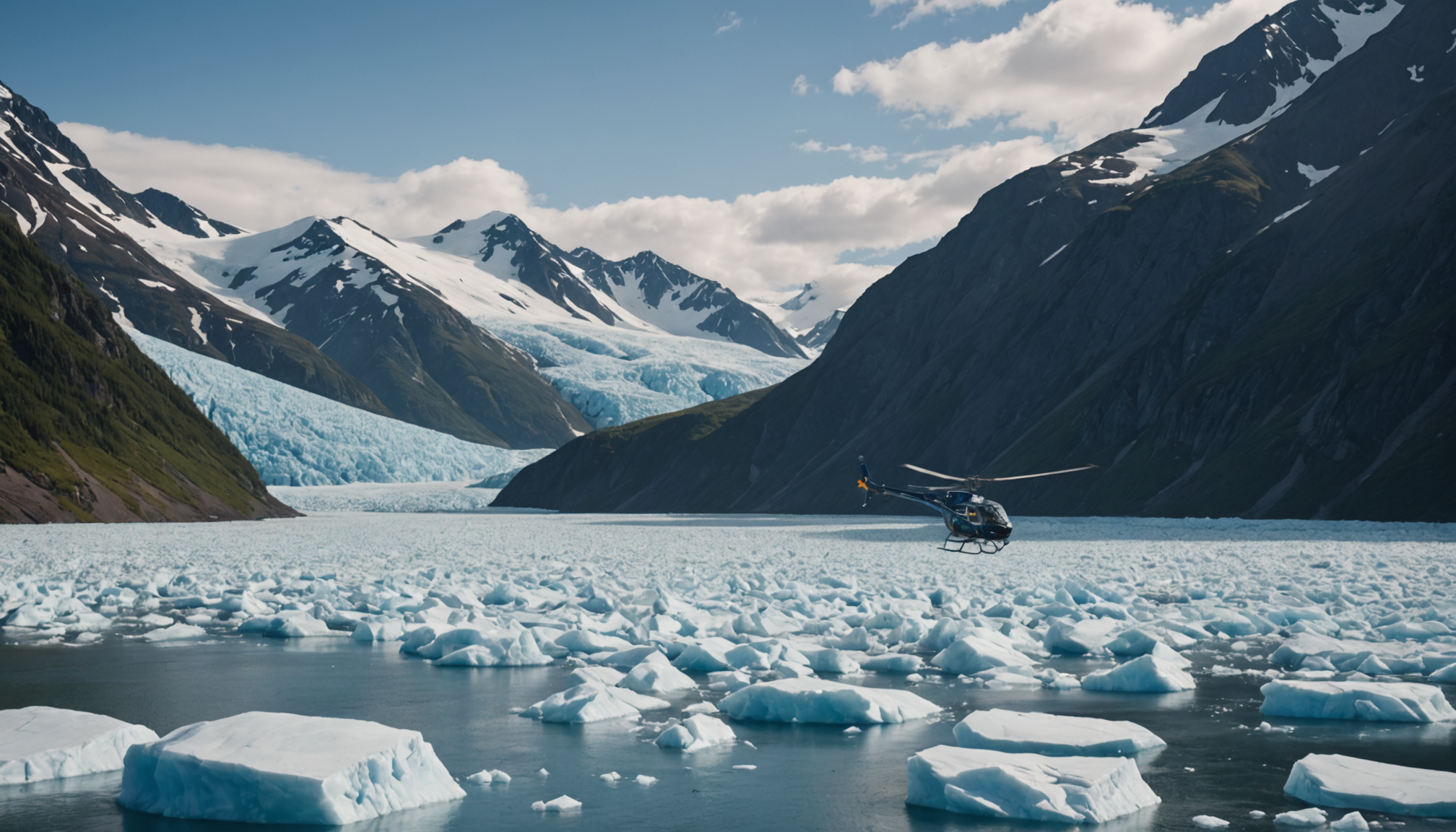Helicopter landing near a glacier in Alaska