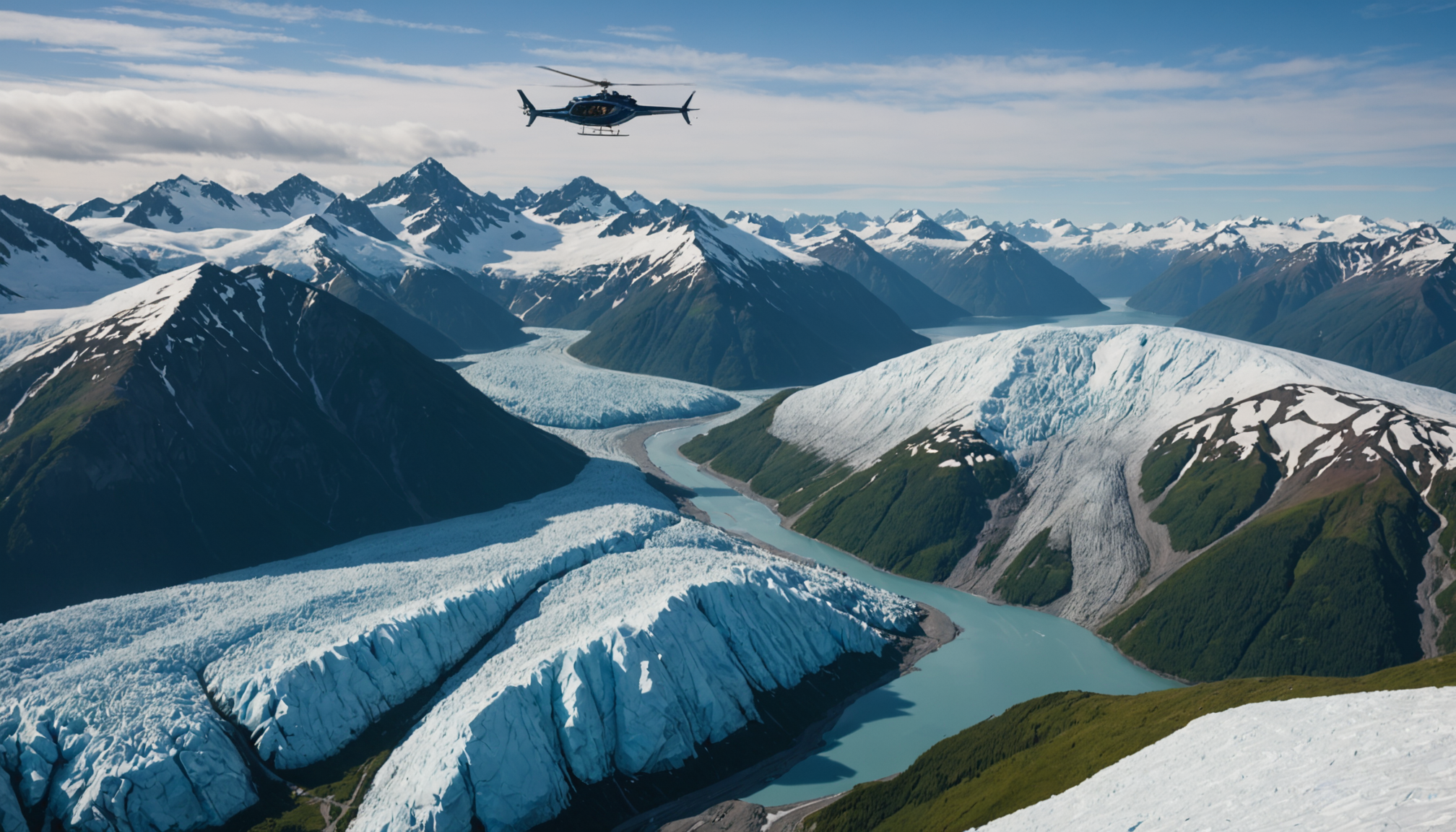 Helicopter flying over the Chugach Mountains with lush green valleys below