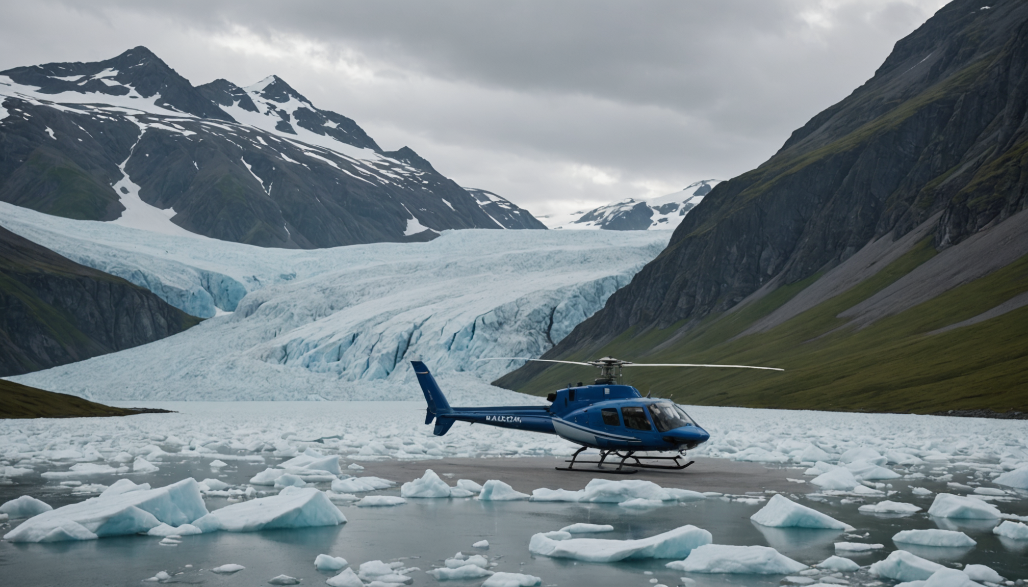 Helicopter landing on a glacier in the Chugach Mountains