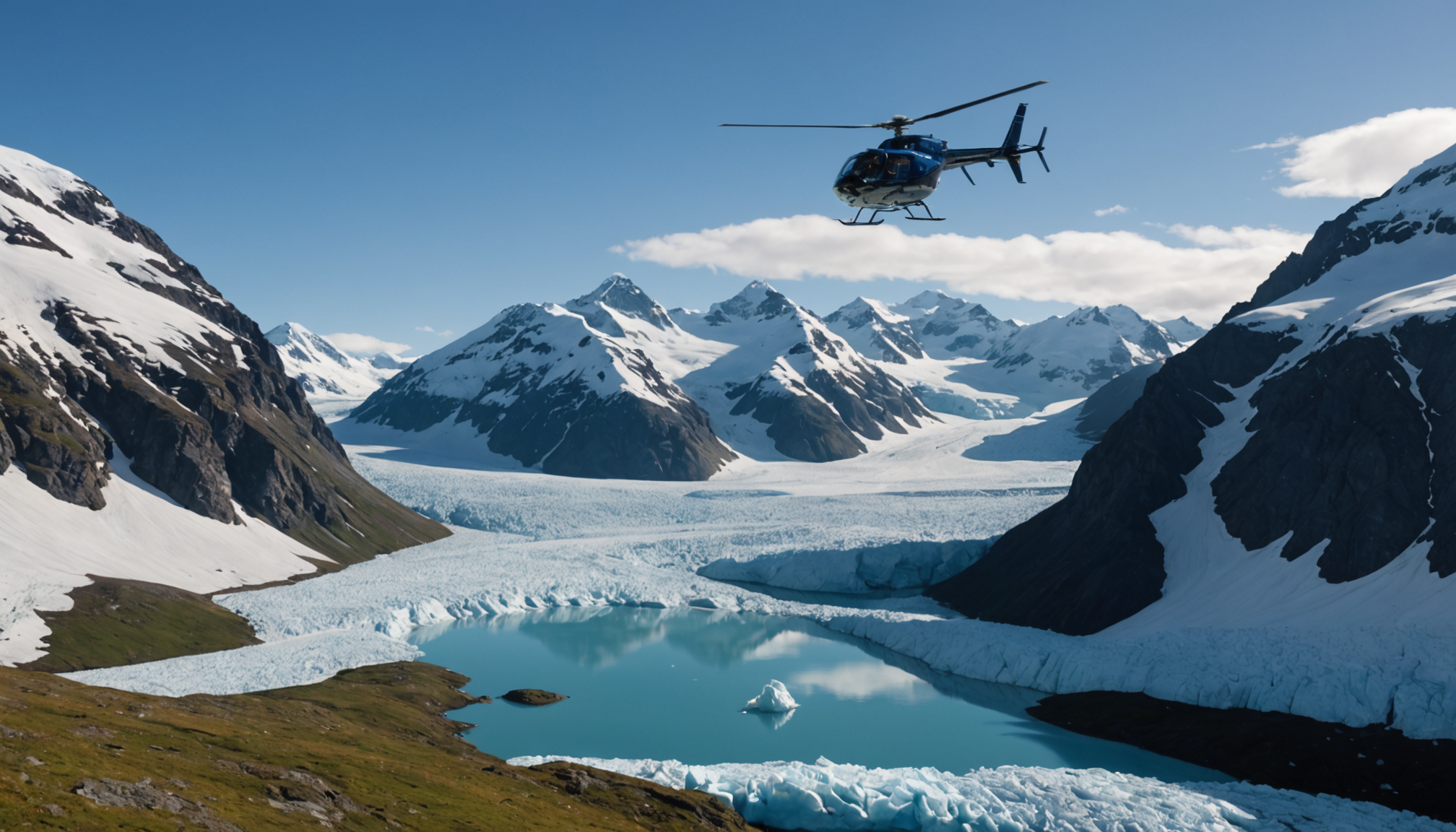 Helicopter flying over Prince William Sound