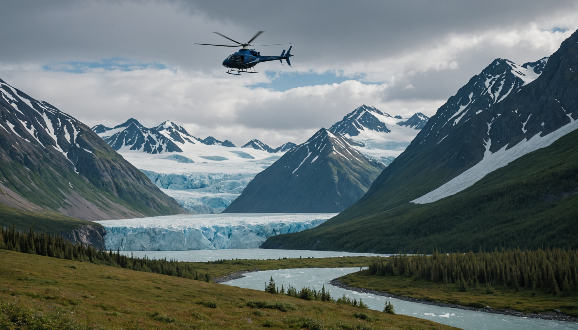 Helicopter landing near Matanuska Glacier with a cruise ship in the distance