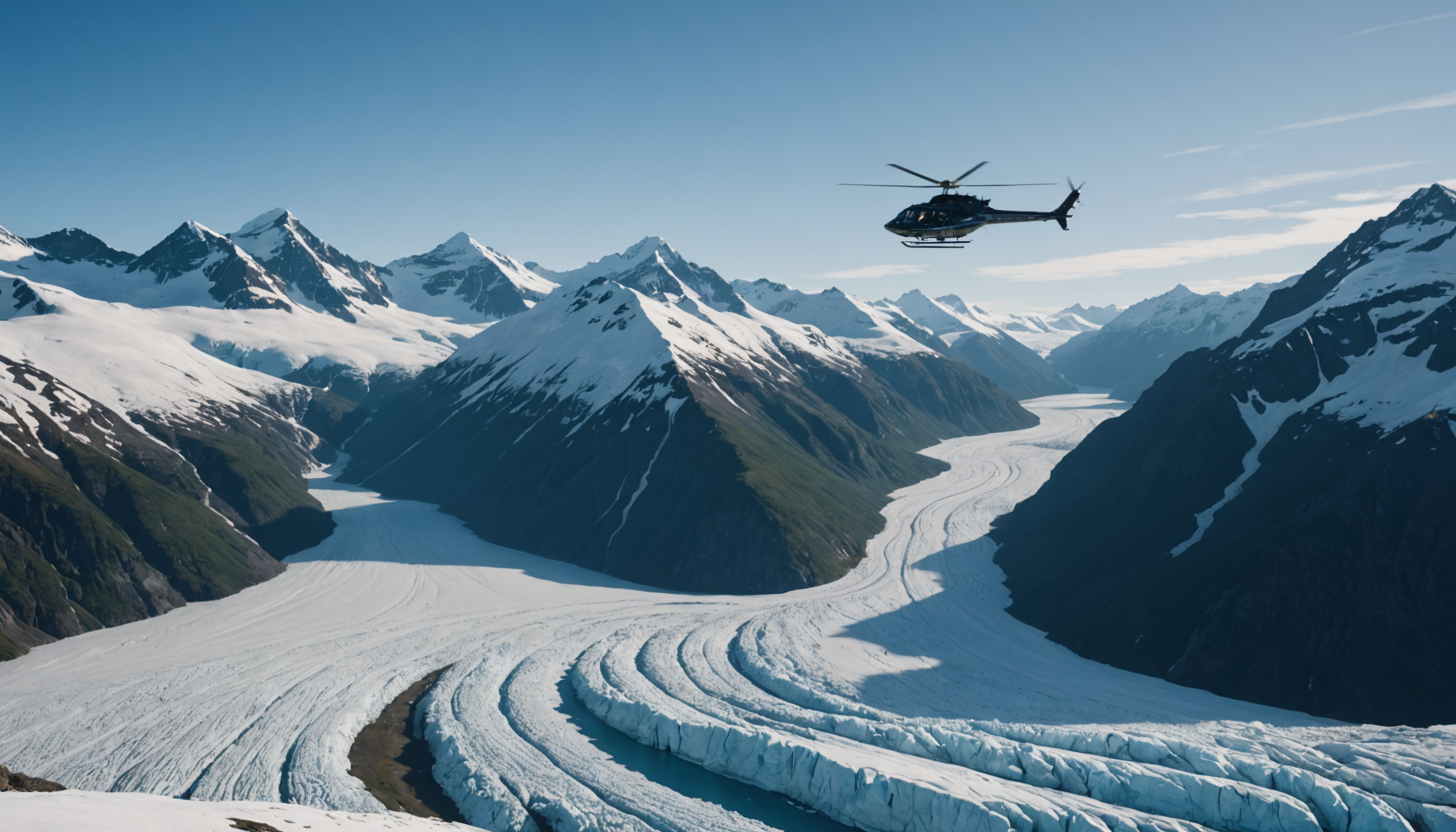 Helicopter flying over Alaskan glaciers