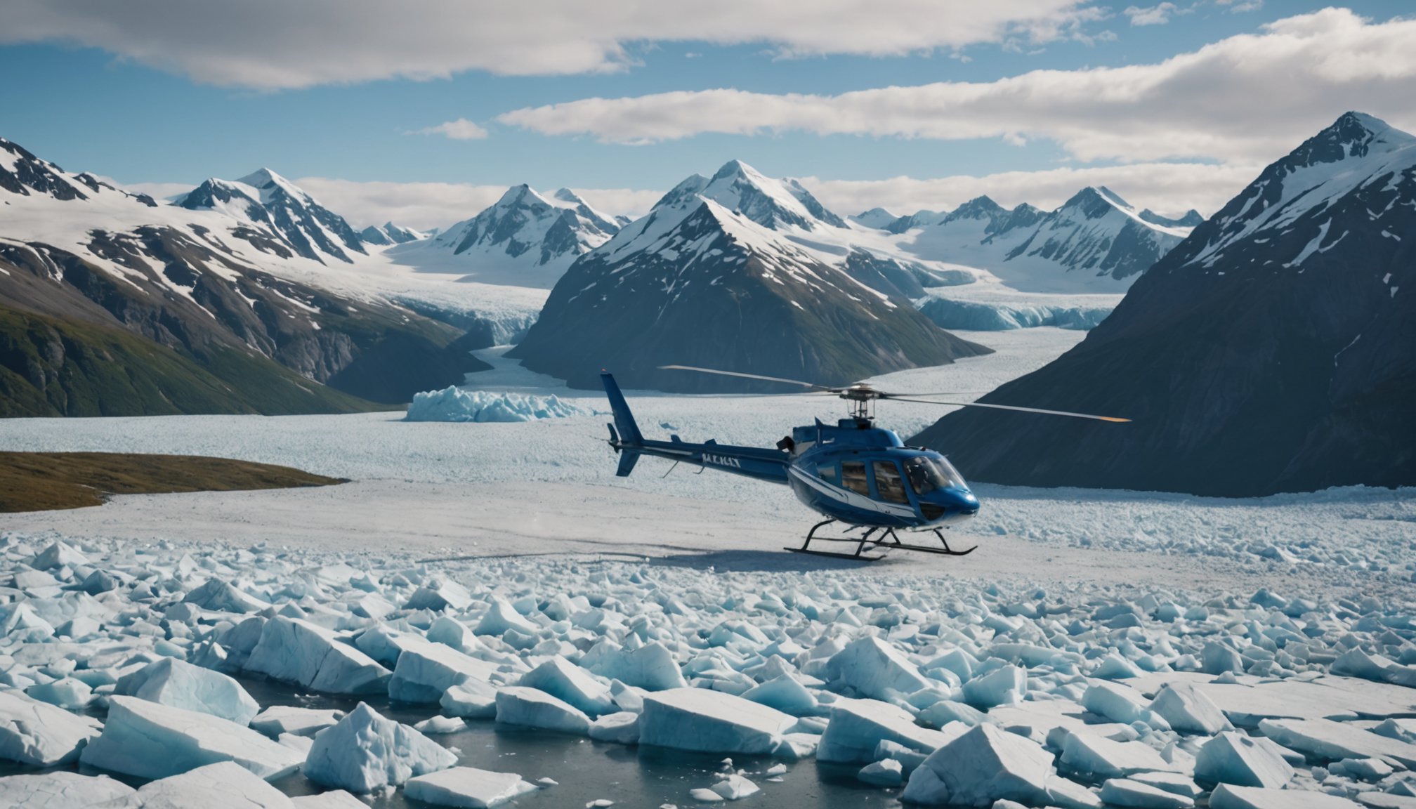 Helicopter landing on a glacier in the Chugach Range