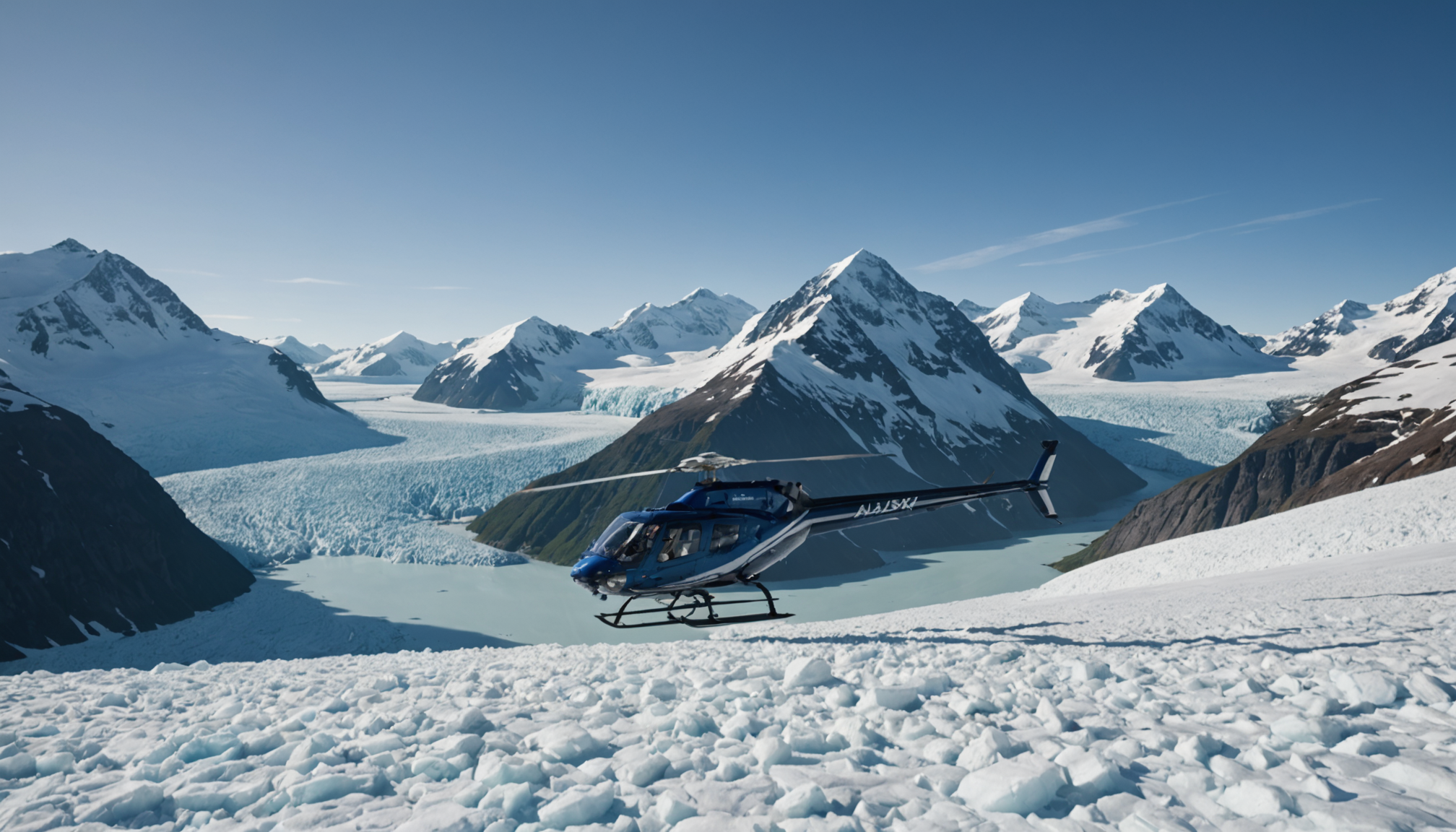 Helicopter landing near an Alaskan glacier