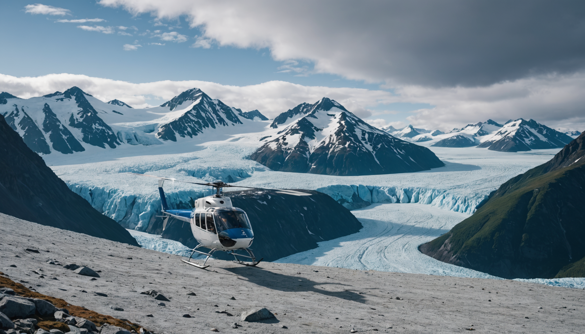 Helicopter landing on a glacier in Alaska