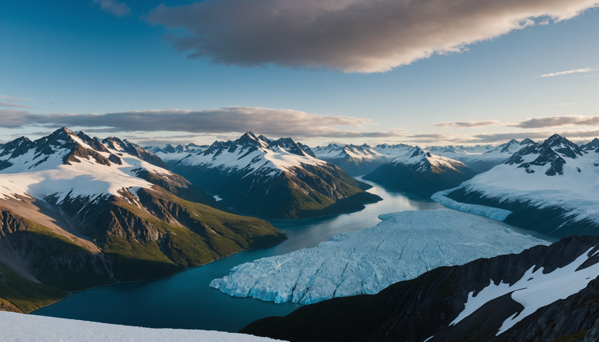 A panoramic view of Prince William Sound at sunset