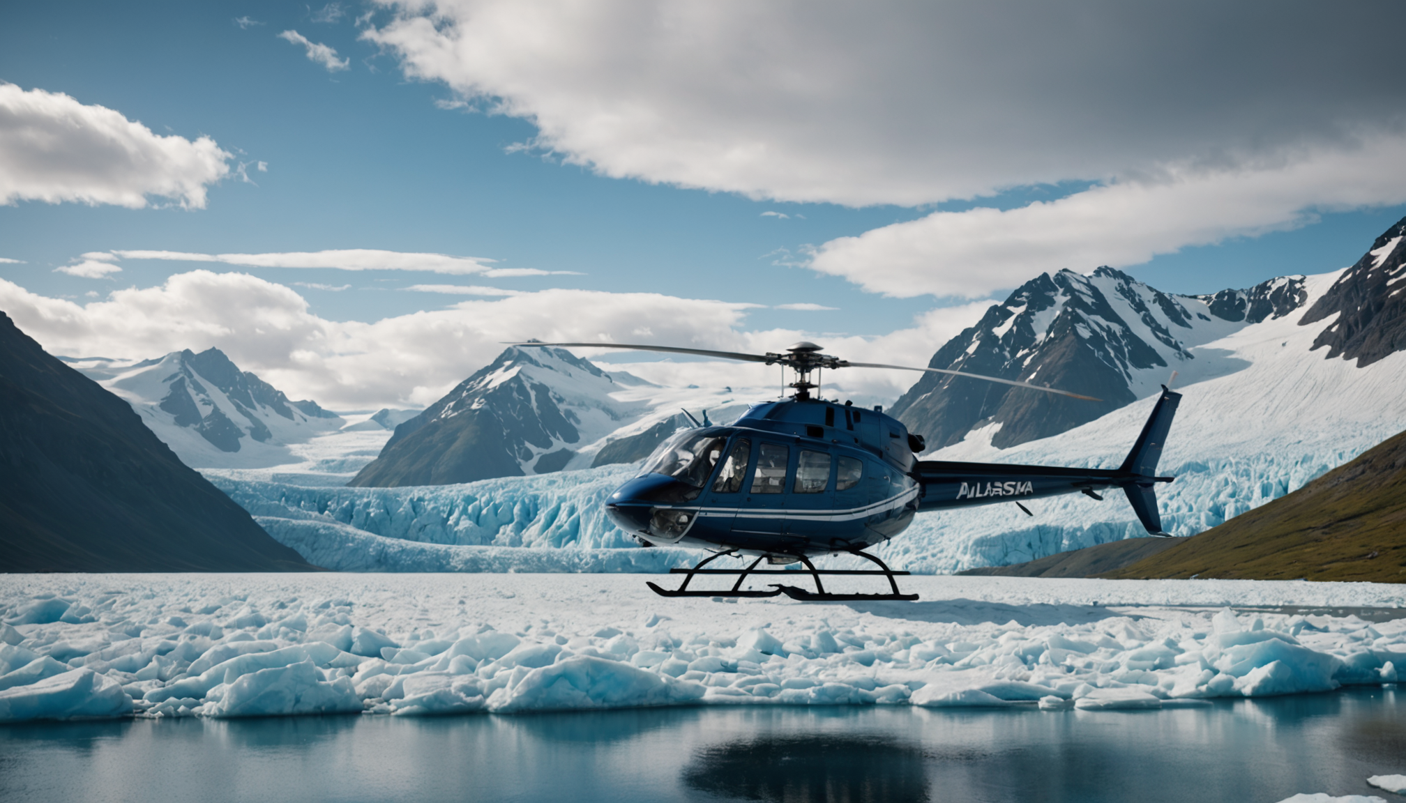 Helicopter landing near a pristine lake in the Chugach Mountains