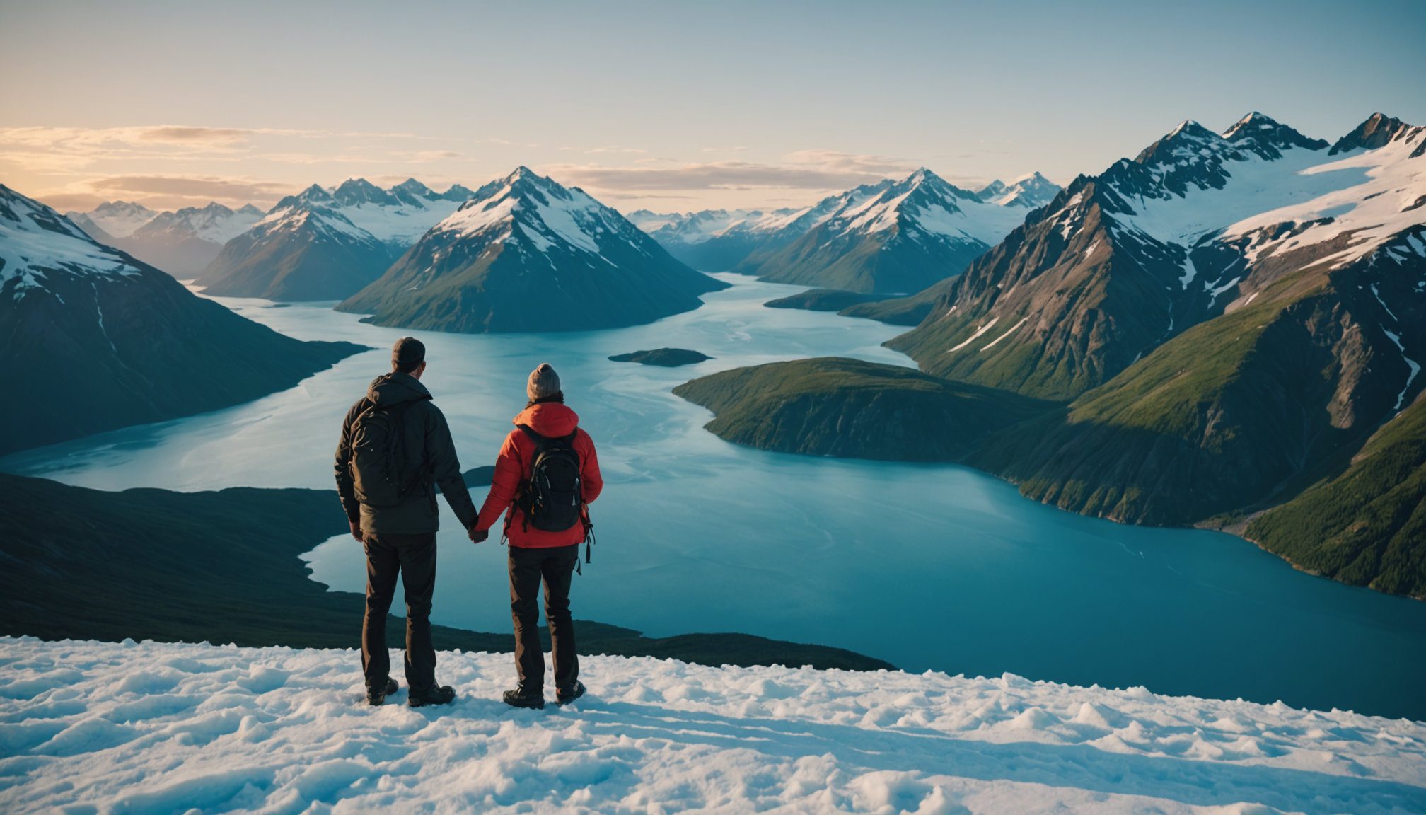 Couple enjoying a sunset on an Alaska cruise deck