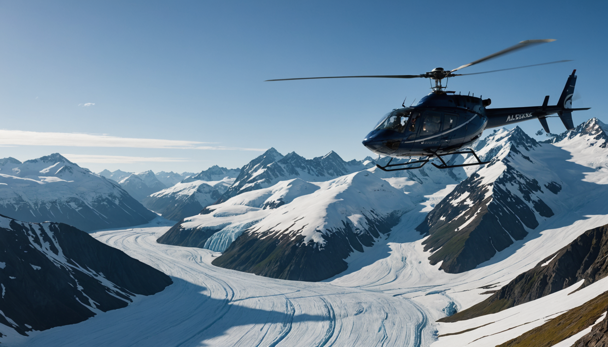 A helicopter flying over the Chugach Mountains, offering a bird's-eye view of Alaska's beauty
