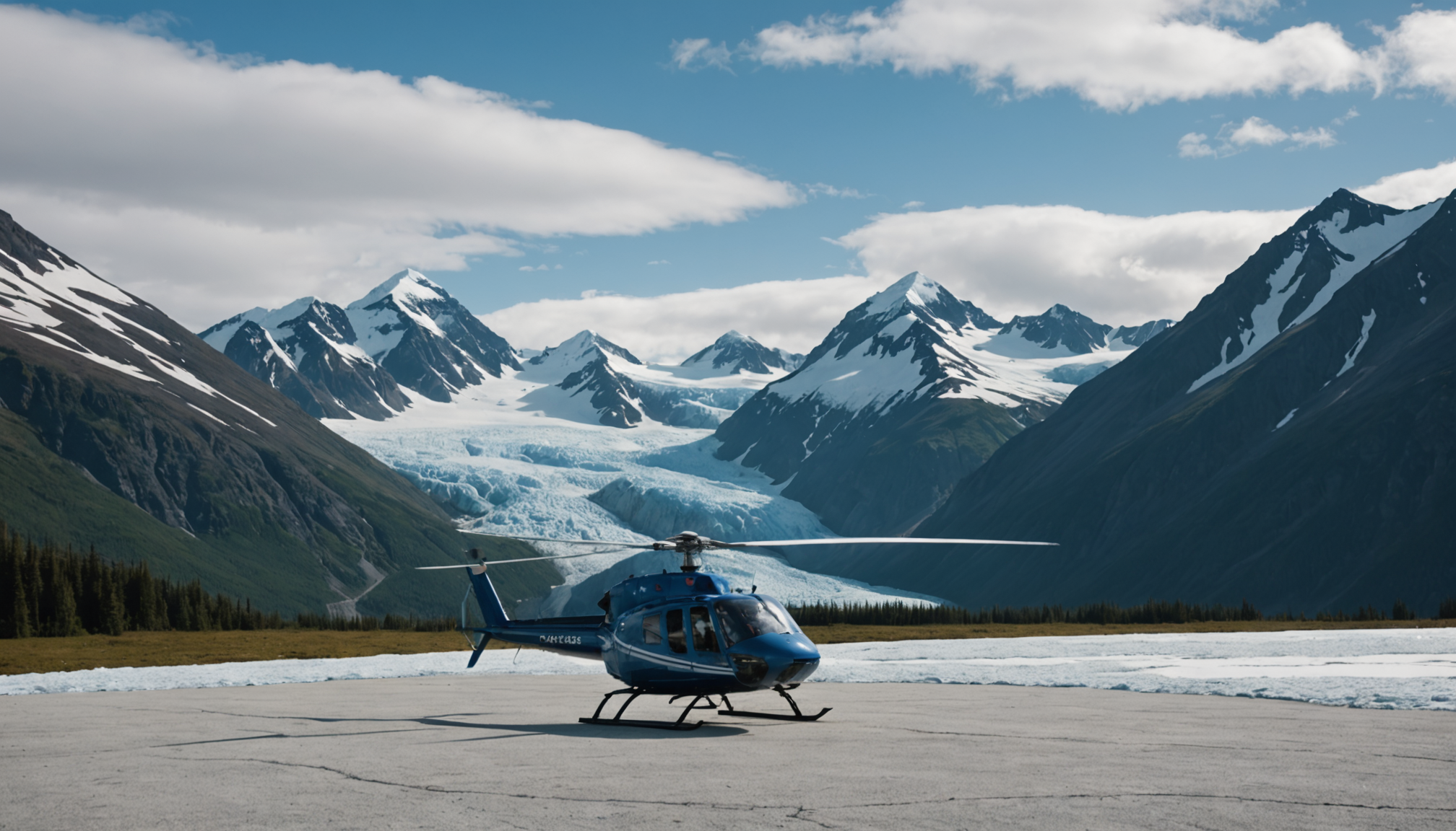 Helicopter landing near a secluded Alaskan mountain
