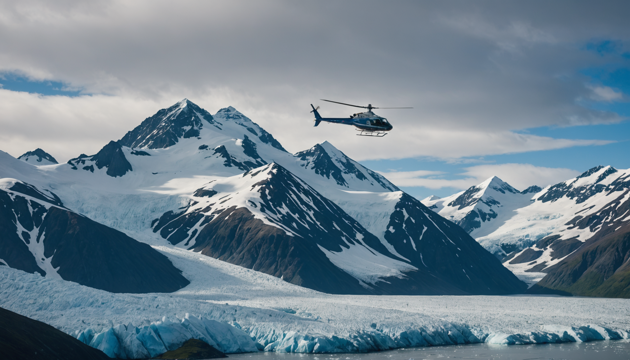 Helicopter hovering over Chugach Mountains