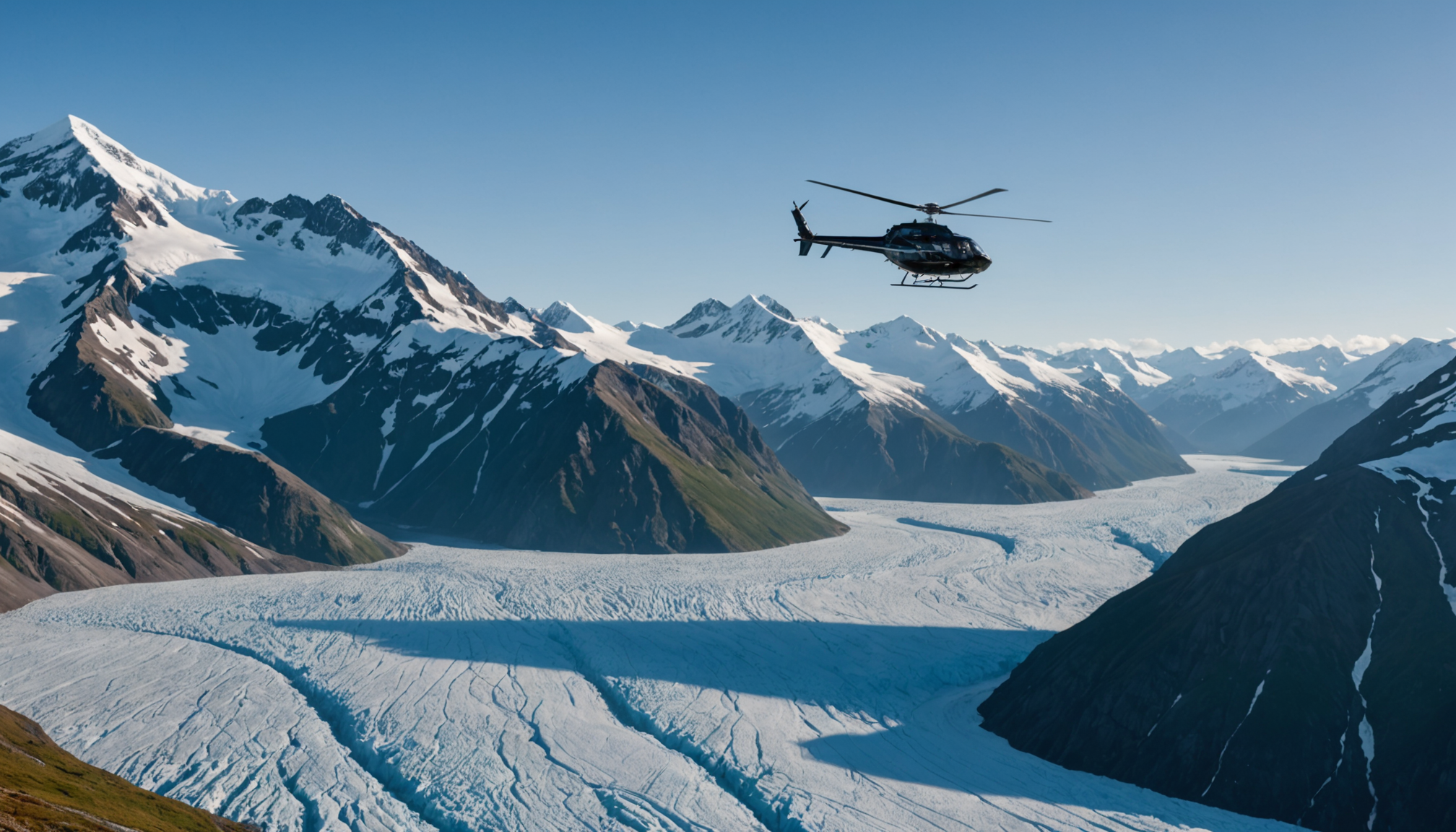 Helicopter flying over Knik Glacier with clear blue skies.
