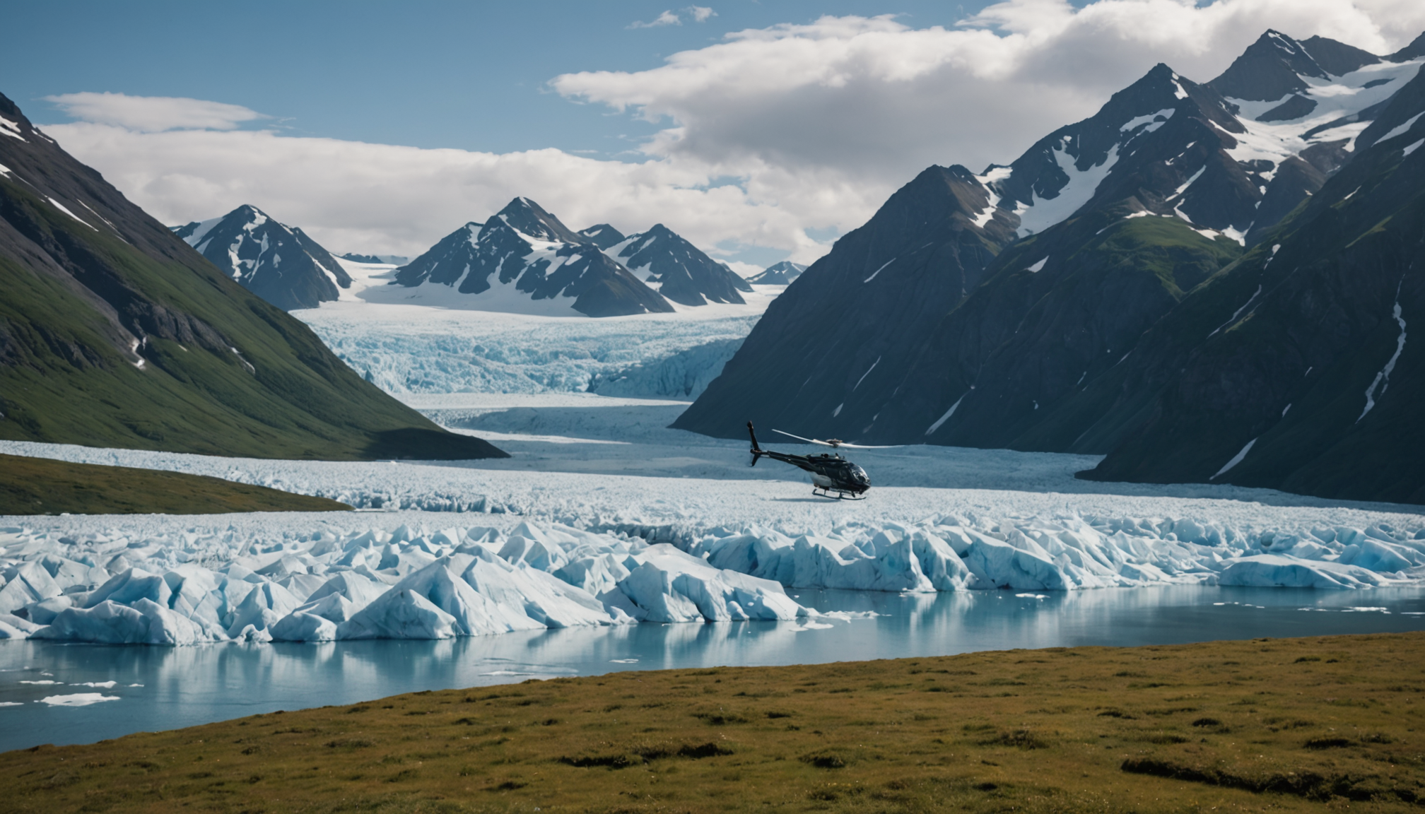 Helicopter landing near a glacier in Alaska's remote wilderness