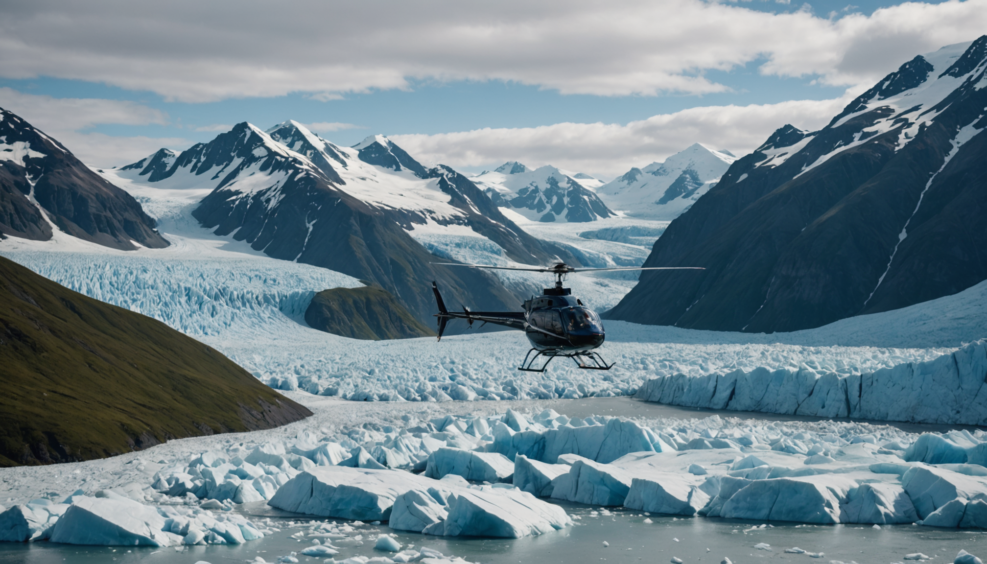 Helicopter flying over a glacier in Alaska