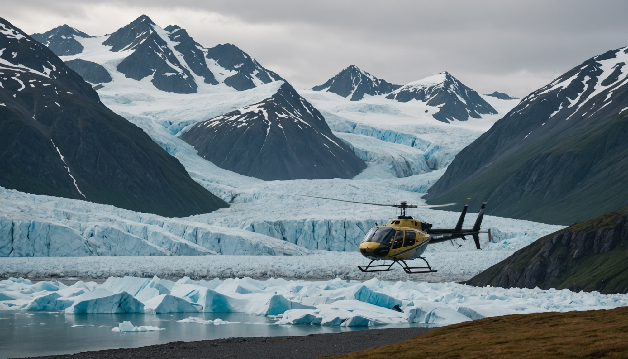 Helicopter landing on an Alaskan glacier with cruise ship in the distance