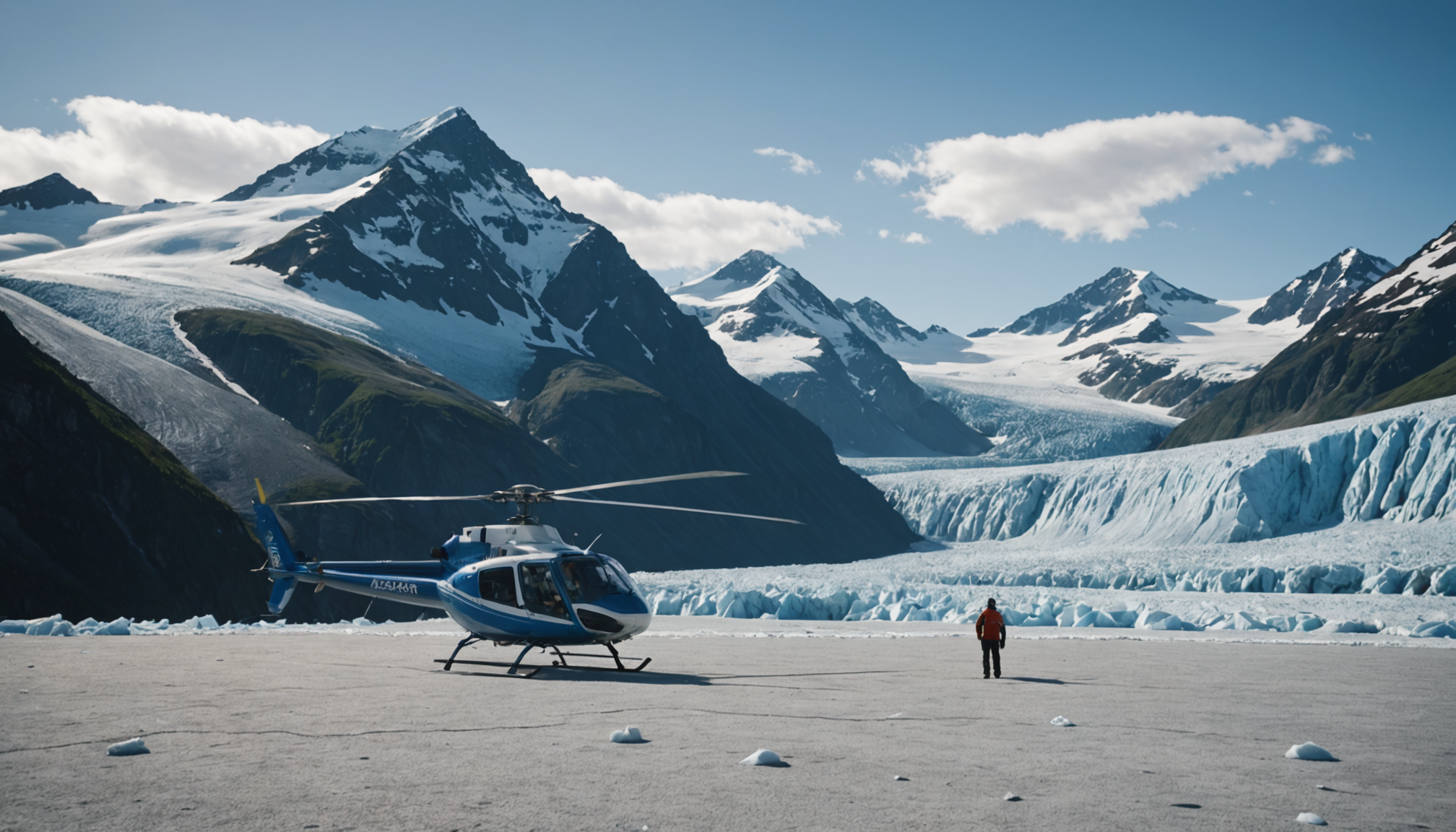 Helicopter landing on a glacier with passengers disembarking