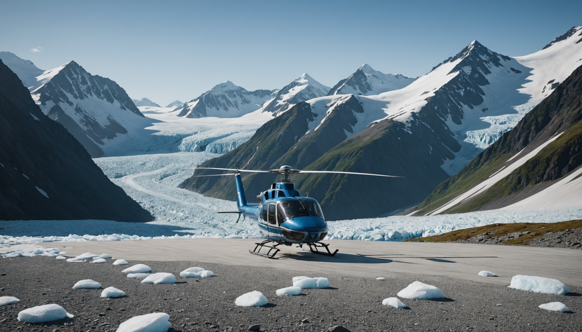 A helicopter landing near a pristine Alaskan lake with snow-capped mountains in the background