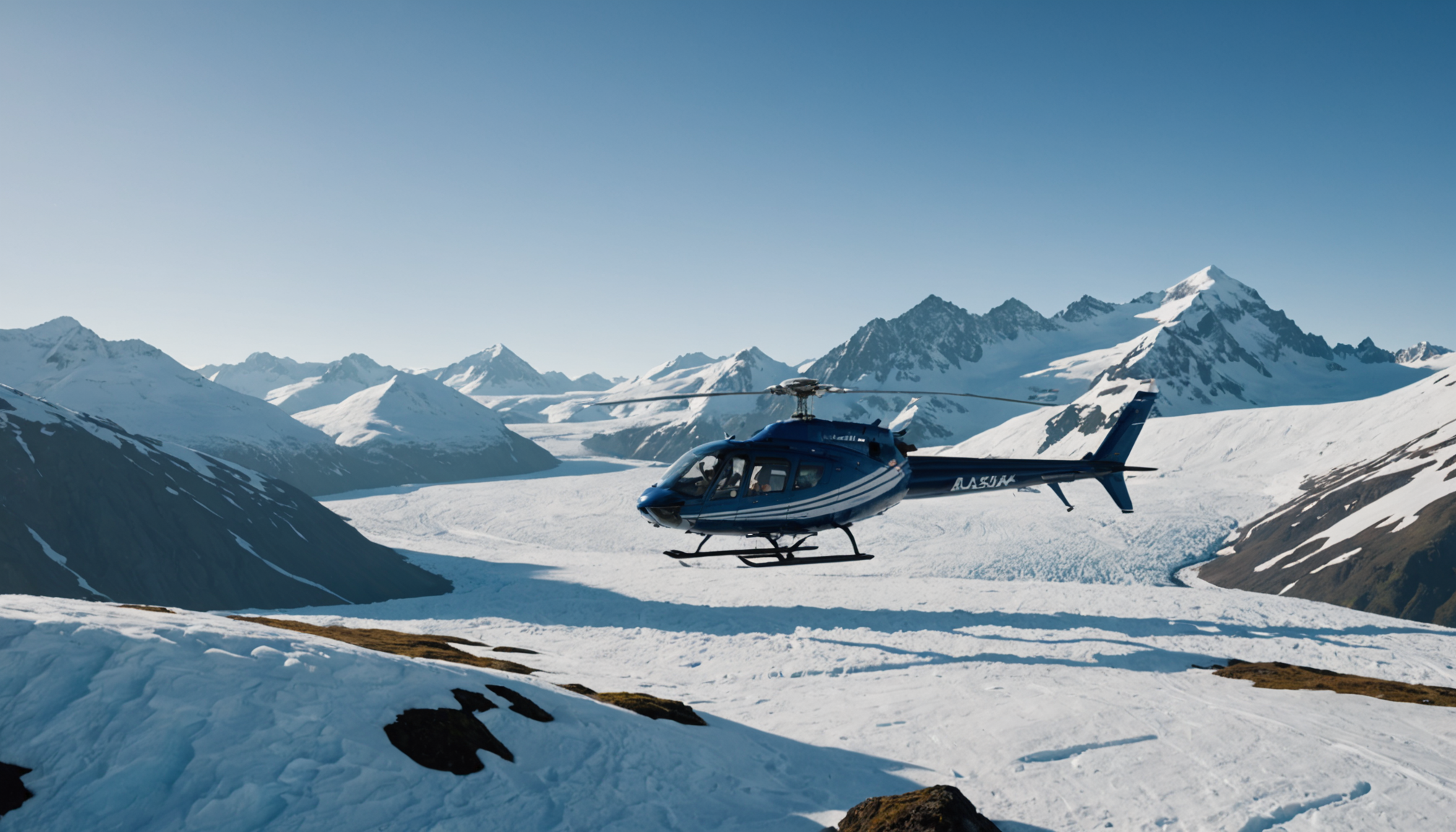 Helicopter landing near a snow-covered peak