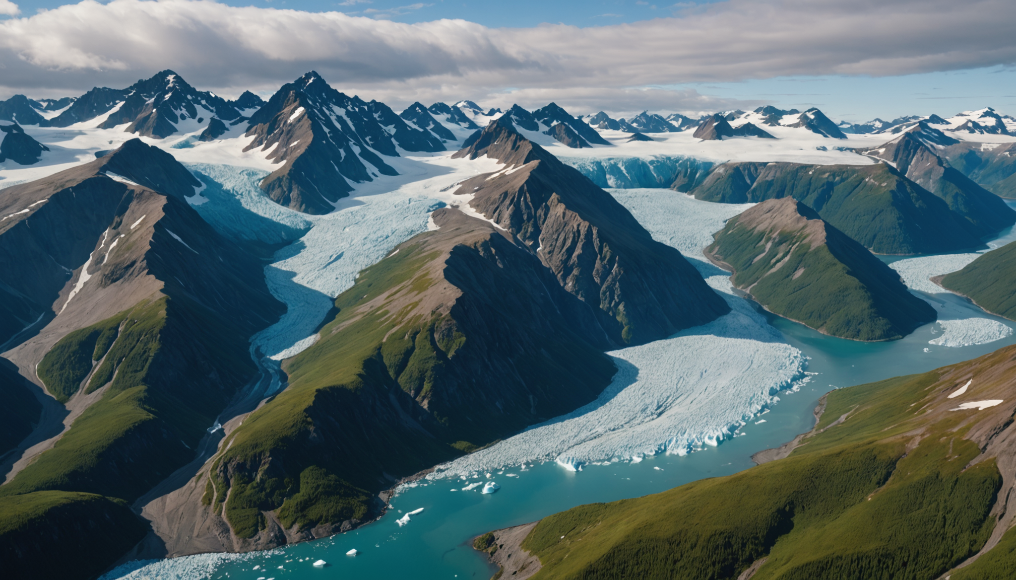 Aerial view of Alaska's rugged coastline with a small cruise ship in the distance