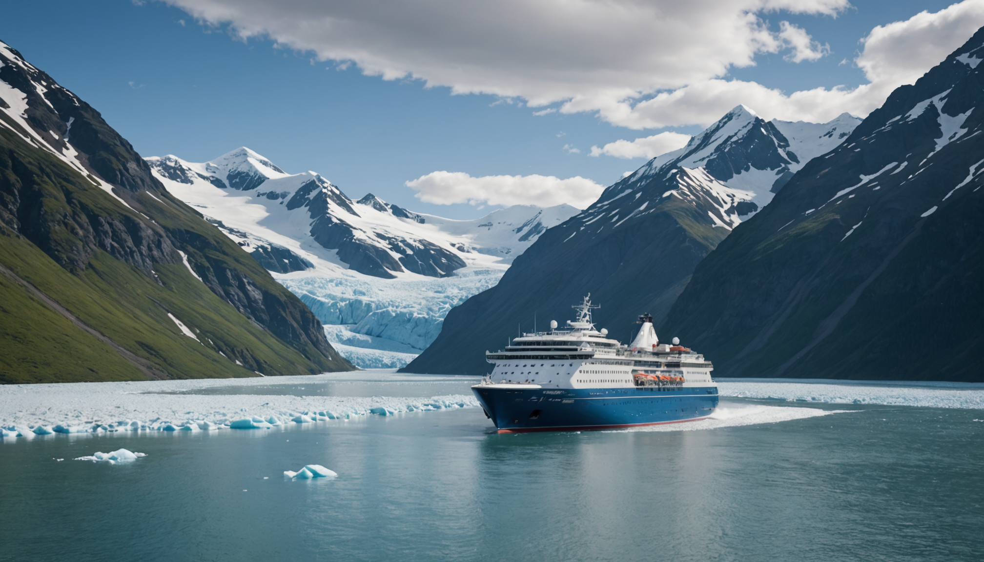 A midsize cruise ship navigating through the icy waters of Prince William Sound