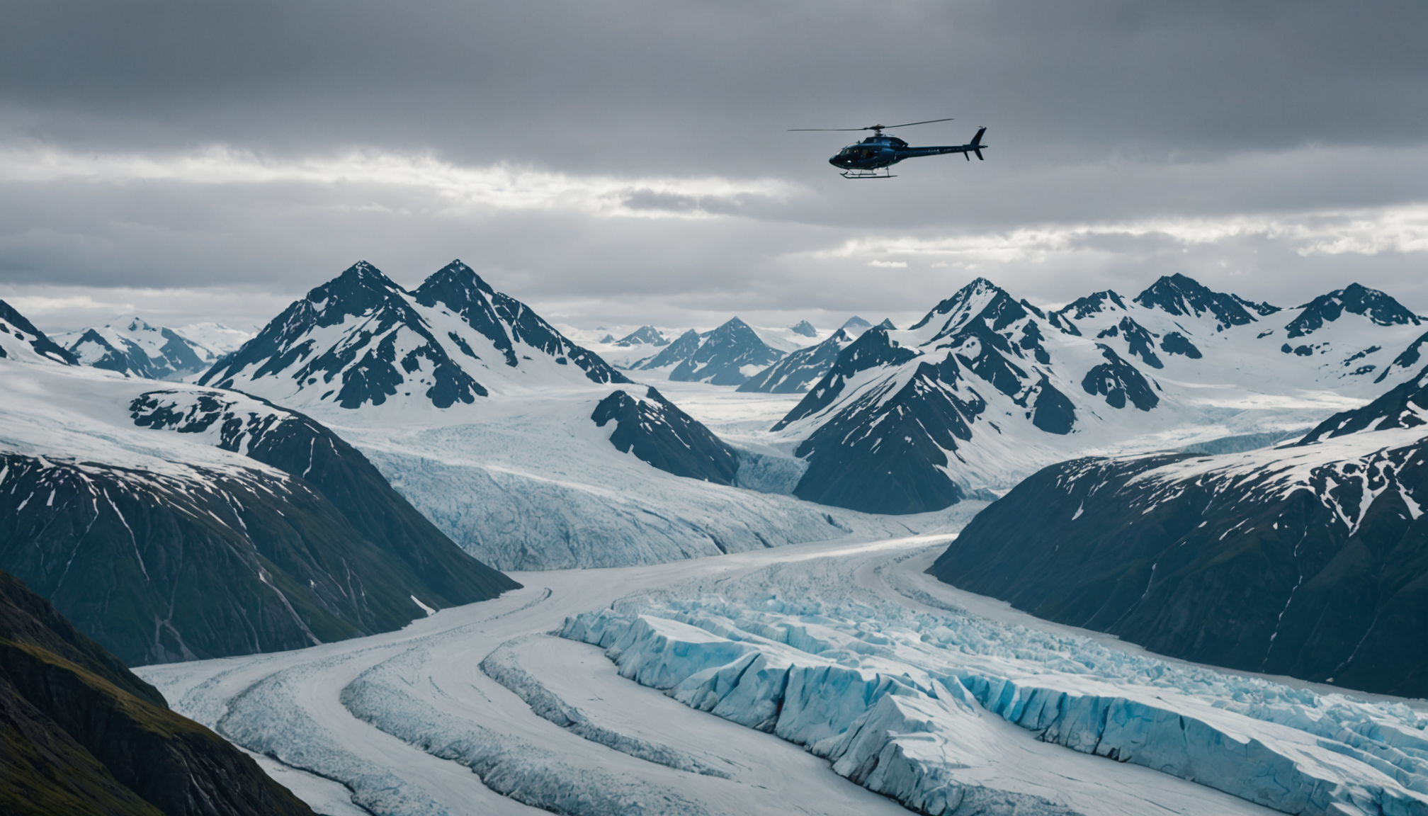 Helicopter flying over Knik Glacier