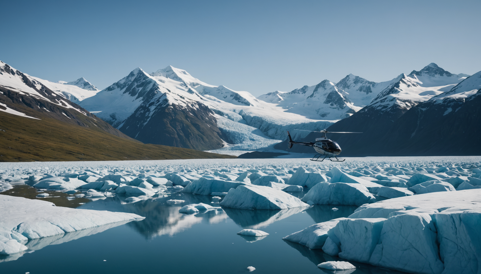 Helicopter landing on a snowy glacier