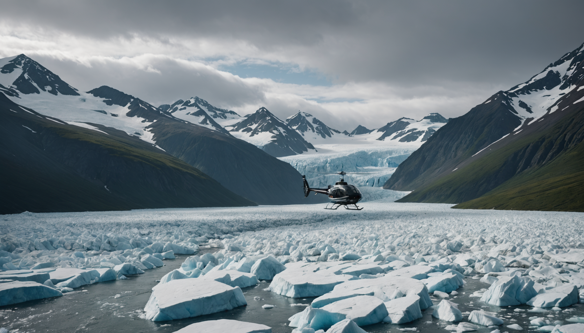 Helicopter landing near a glacier in the Mat-Su Valley