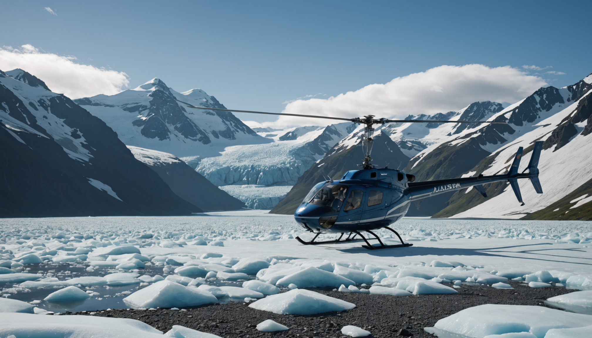 A helicopter landing near a glacier in the Chugach Mountains