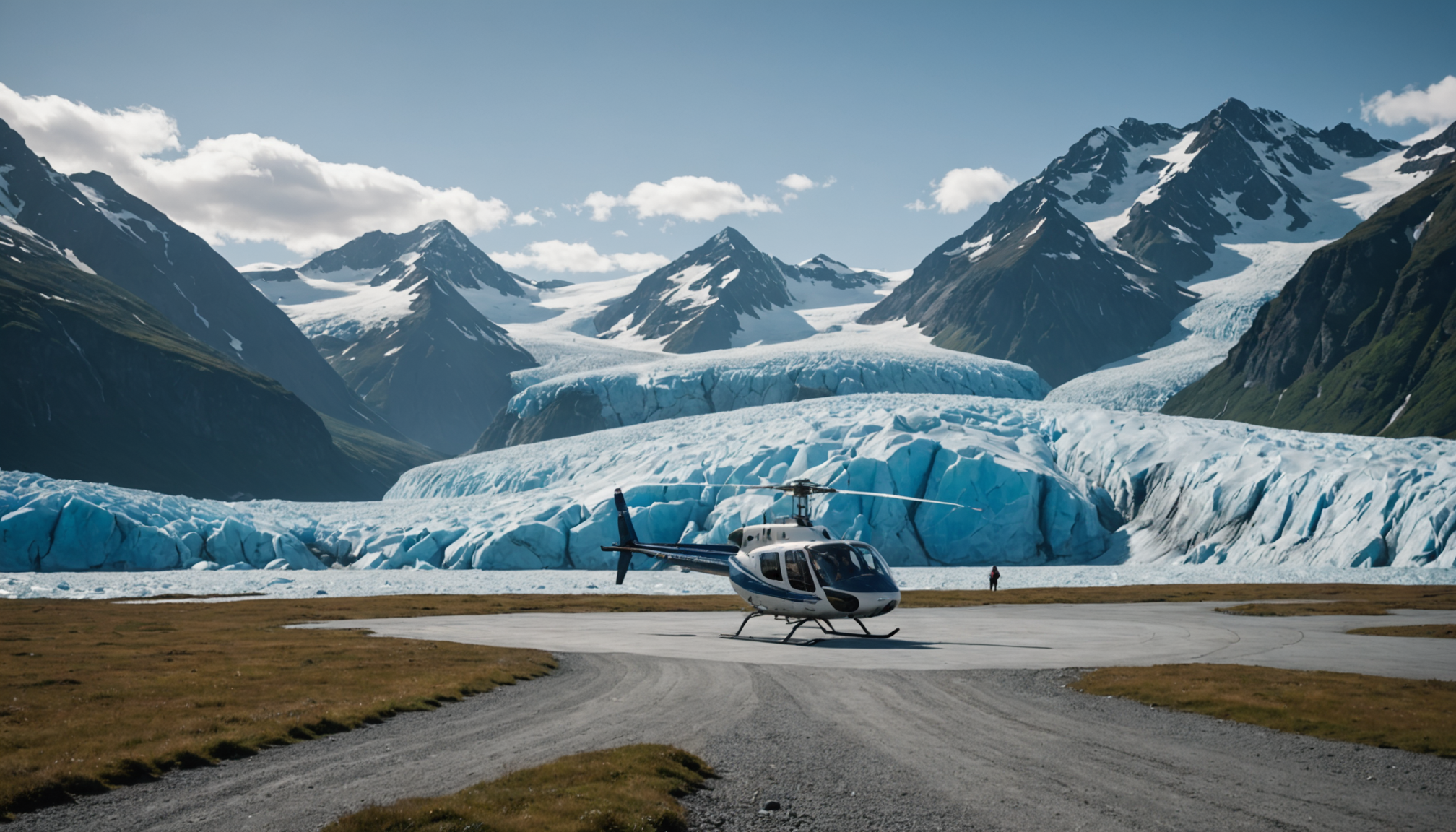 Helicopter landing near a glacier with passengers disembarking