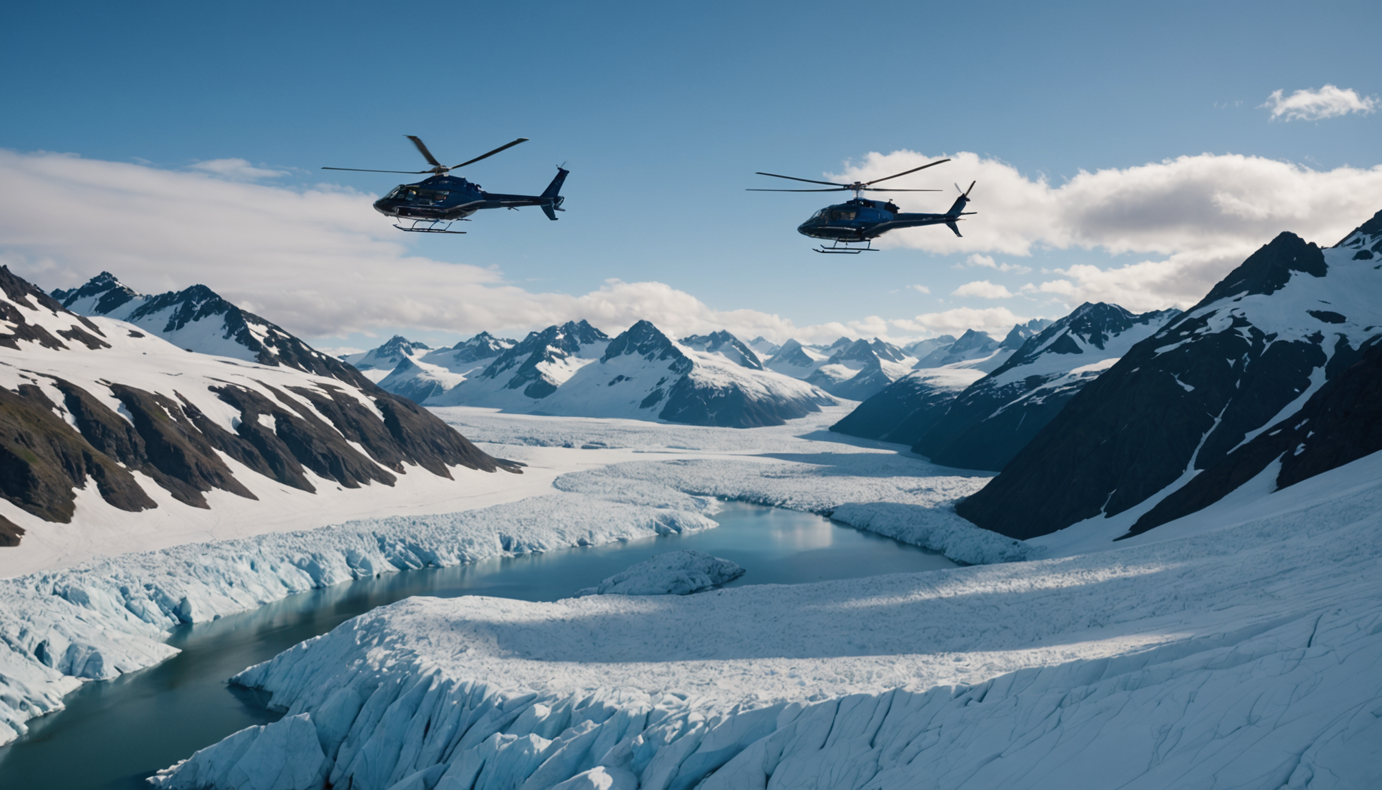 A helicopter flying over the Chugach Mountains with a glacier visible below