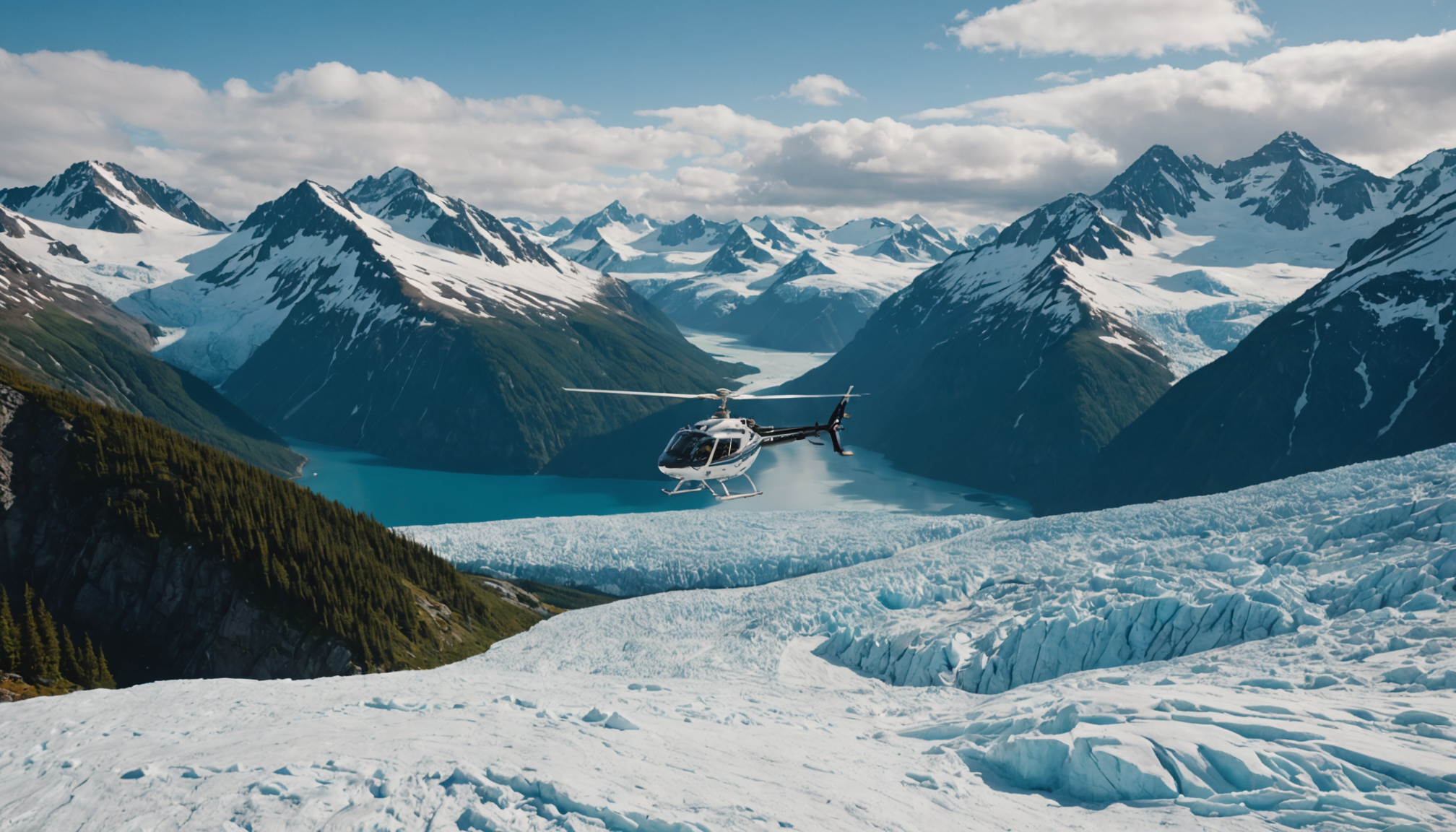 A helicopter flying over the Chugach Mountains, showcasing the expansive Alaskan wilderness below.