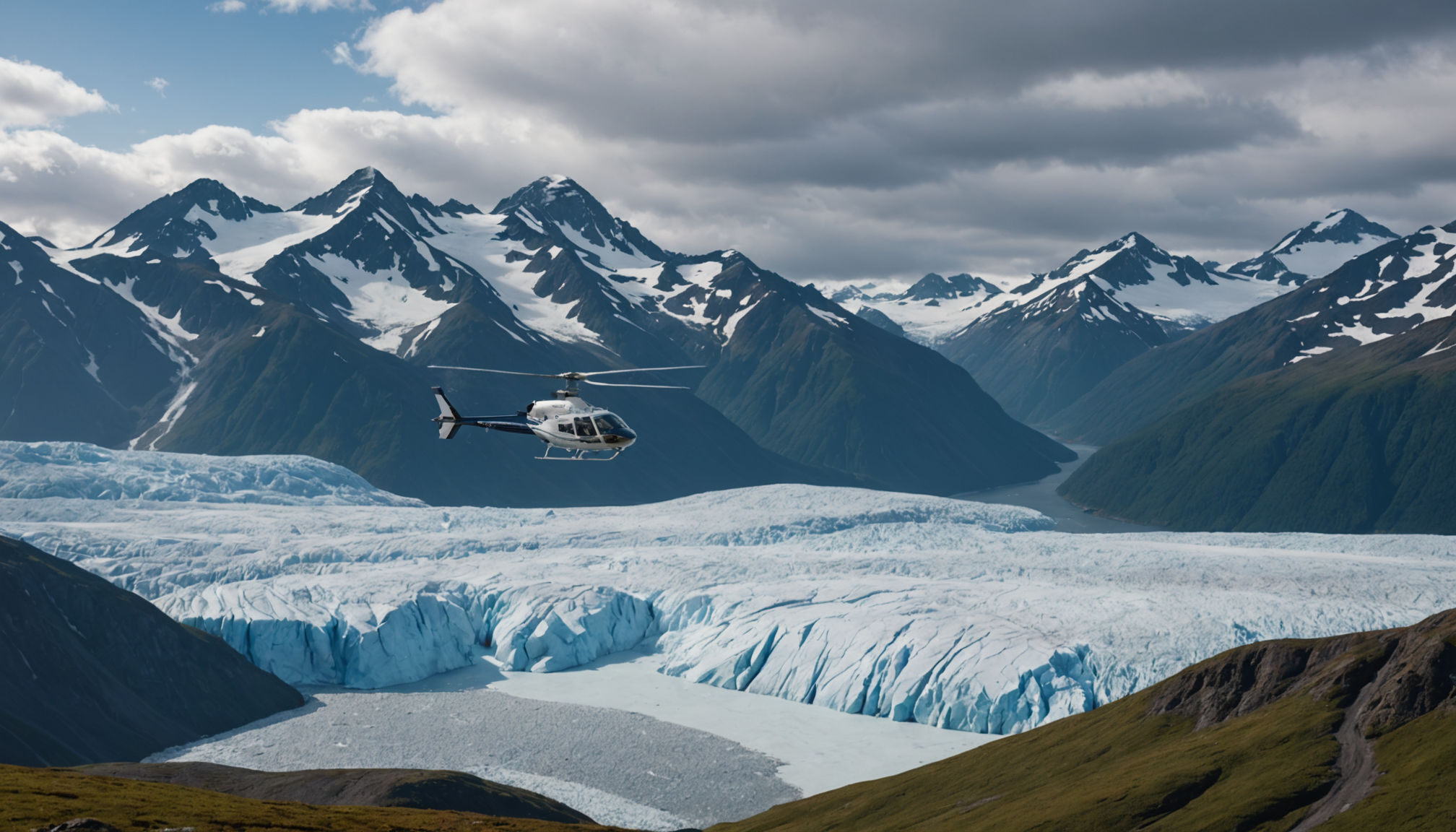 Helicopter flying over a glacier in Alaska
