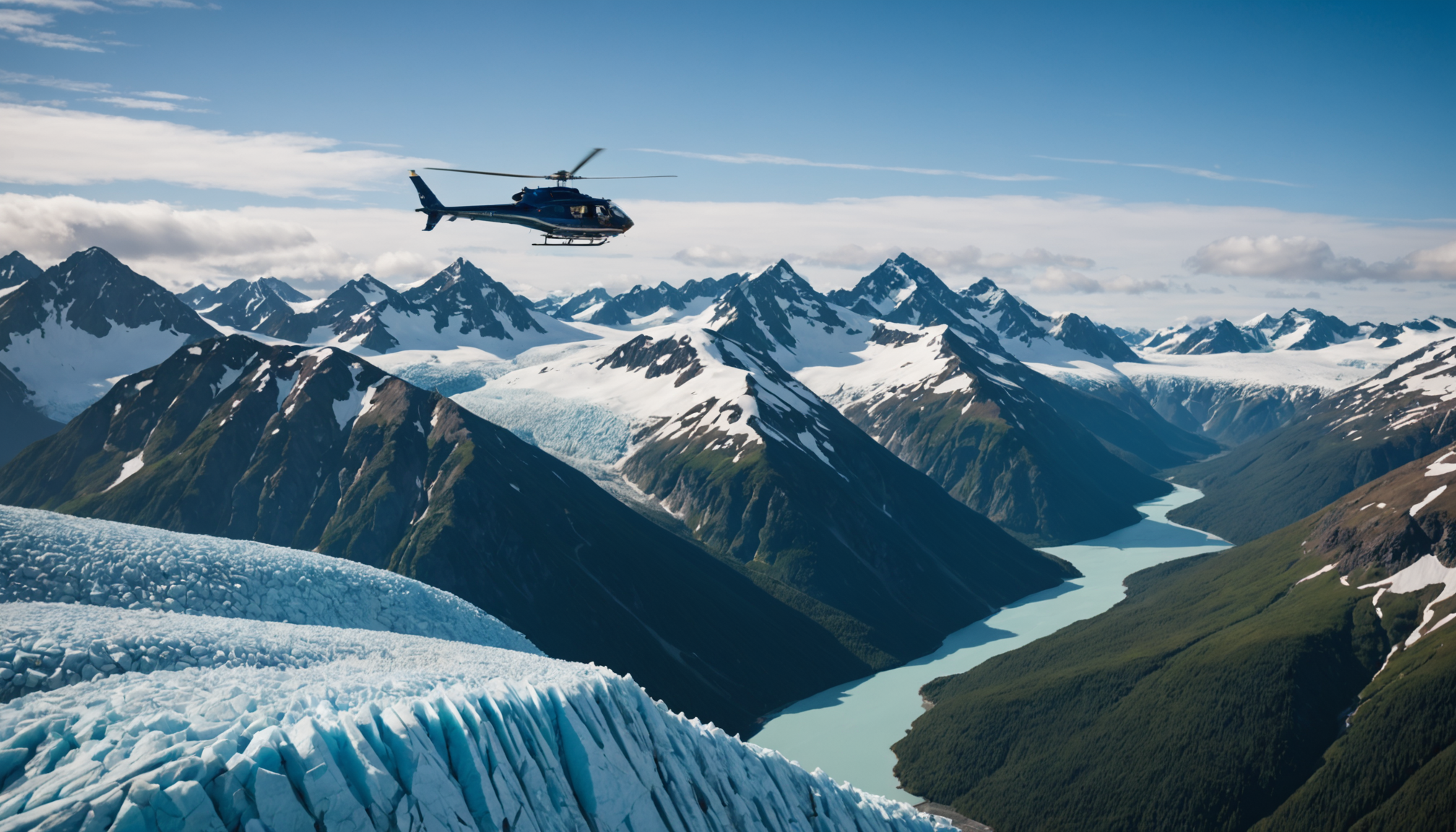 Helicopter flying over the Chugach Mountains