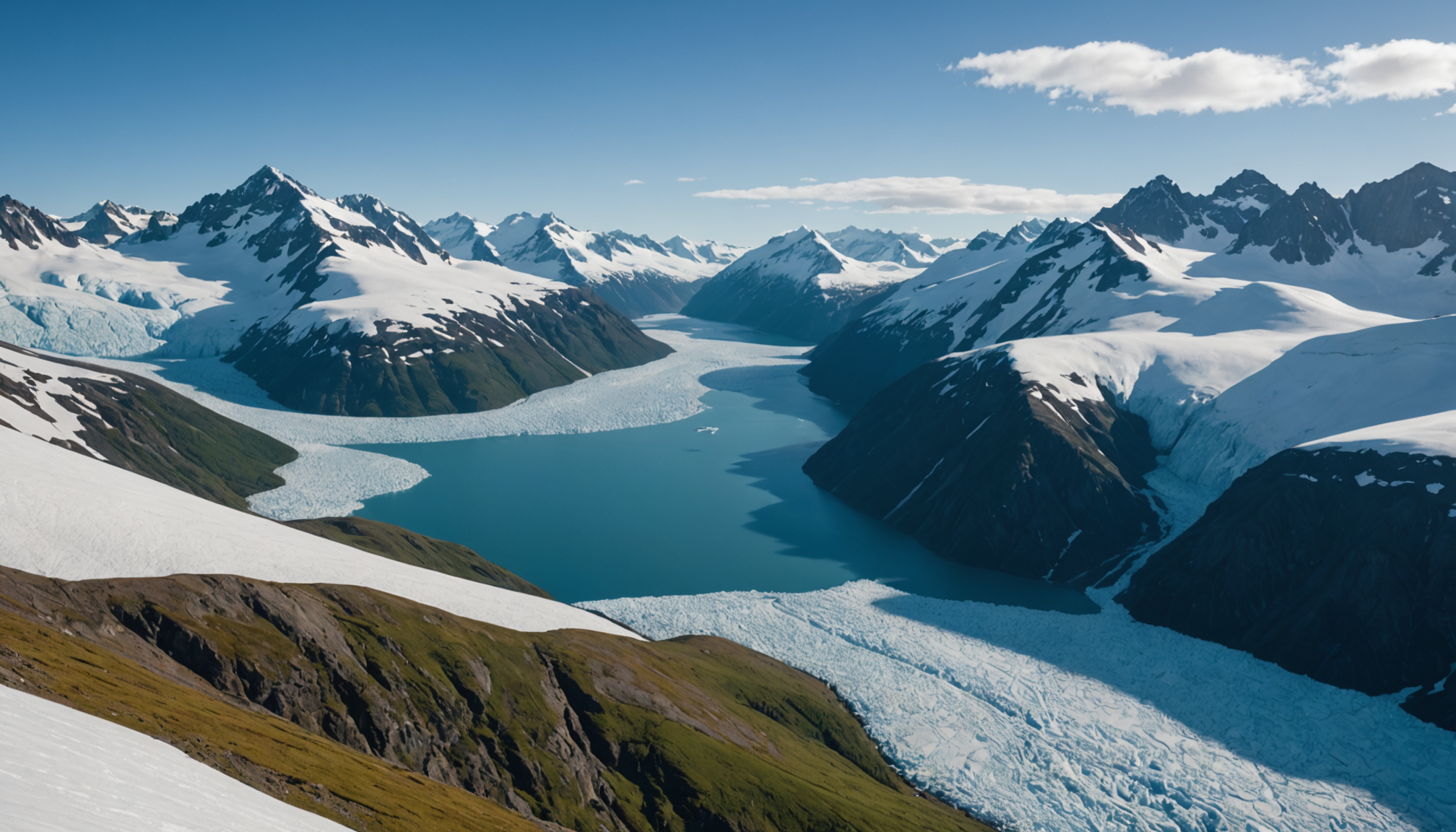 A panoramic view of Prince William Sound with a helicopter in the foreground.