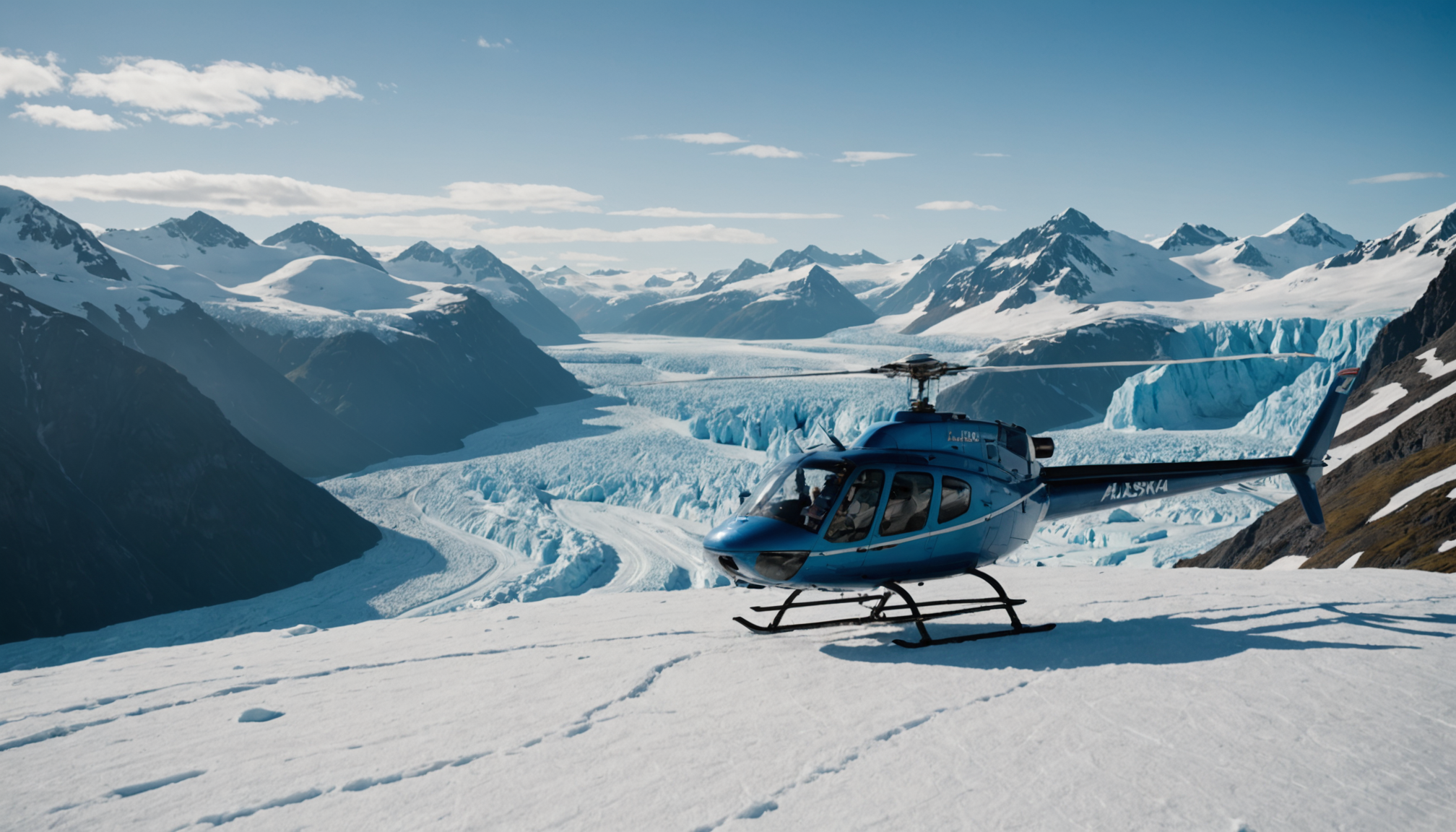Helicopter landing on a glacier with passengers disembarking