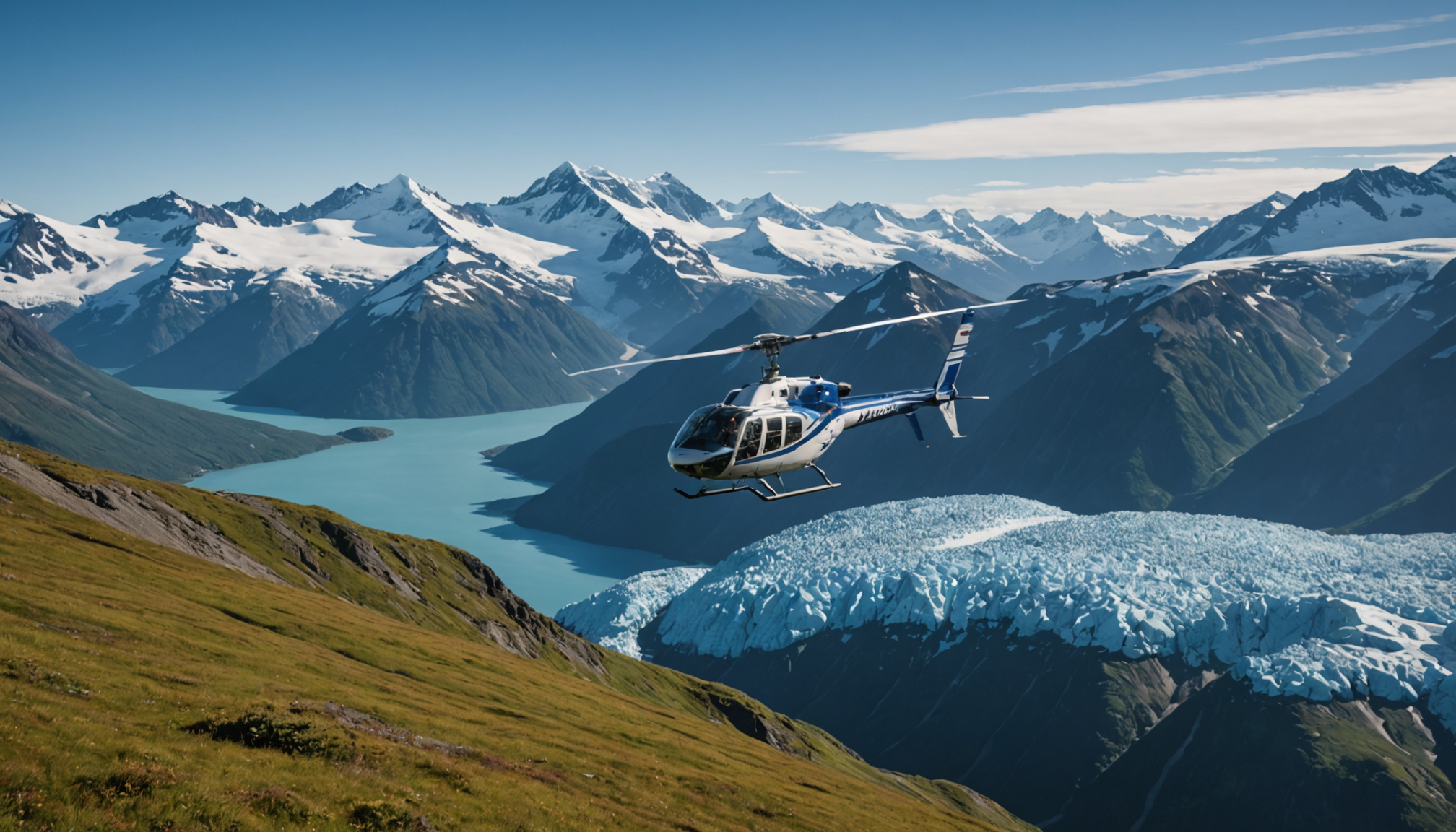 Helicopter flying over the Chugach Mountains