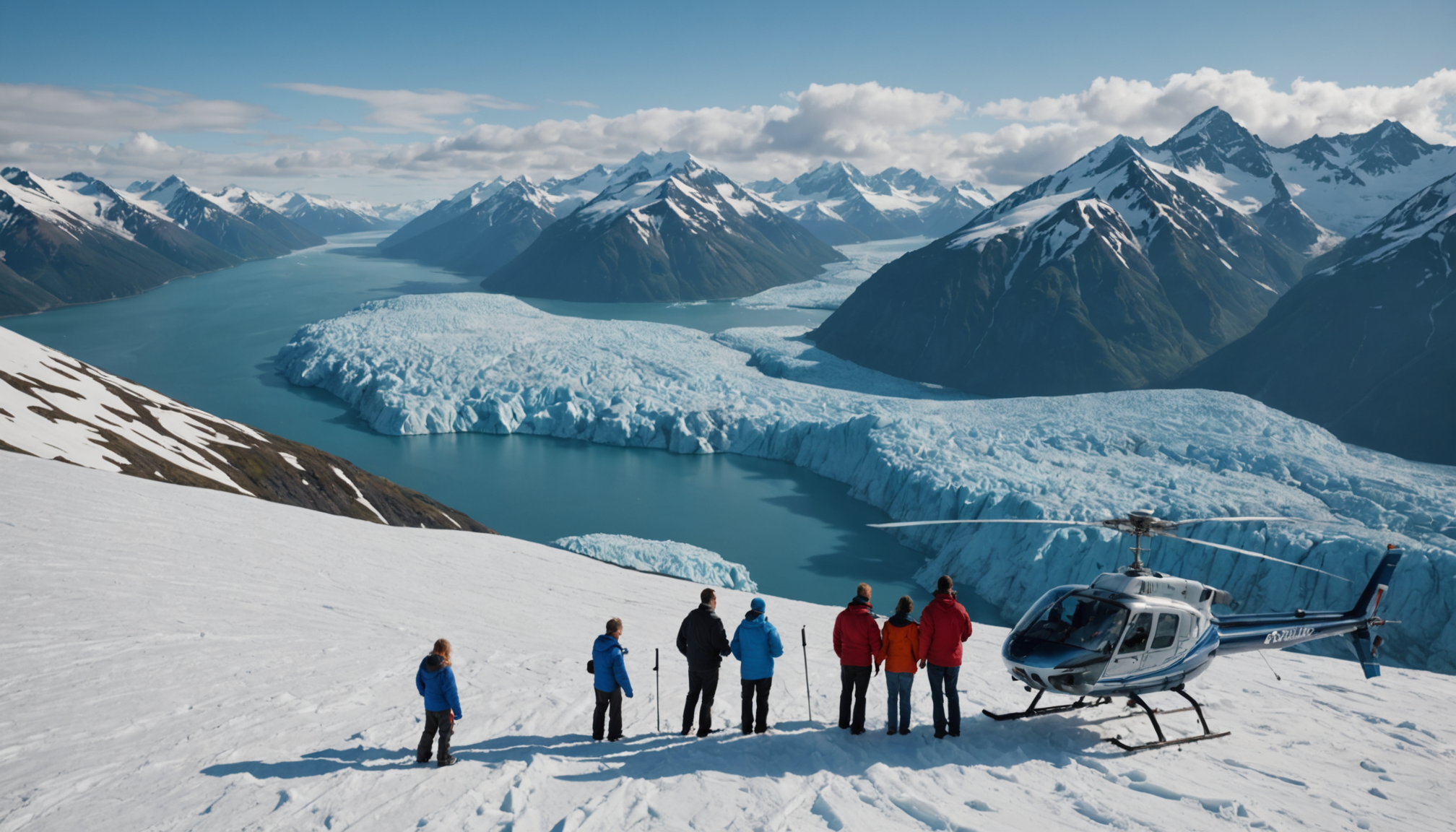 Family enjoying a helicopter tour over Alaskan wilderness