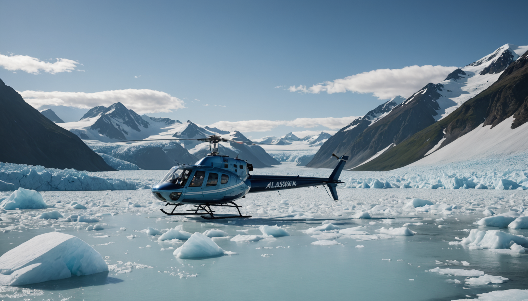 Helicopter landing on a glacier in the Chugach Mountains
