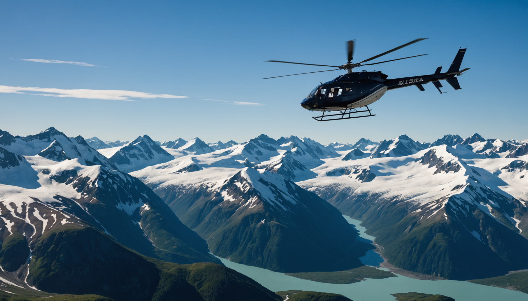 Helicopter flying over the Chugach Mountains with a view of the surrounding landscape