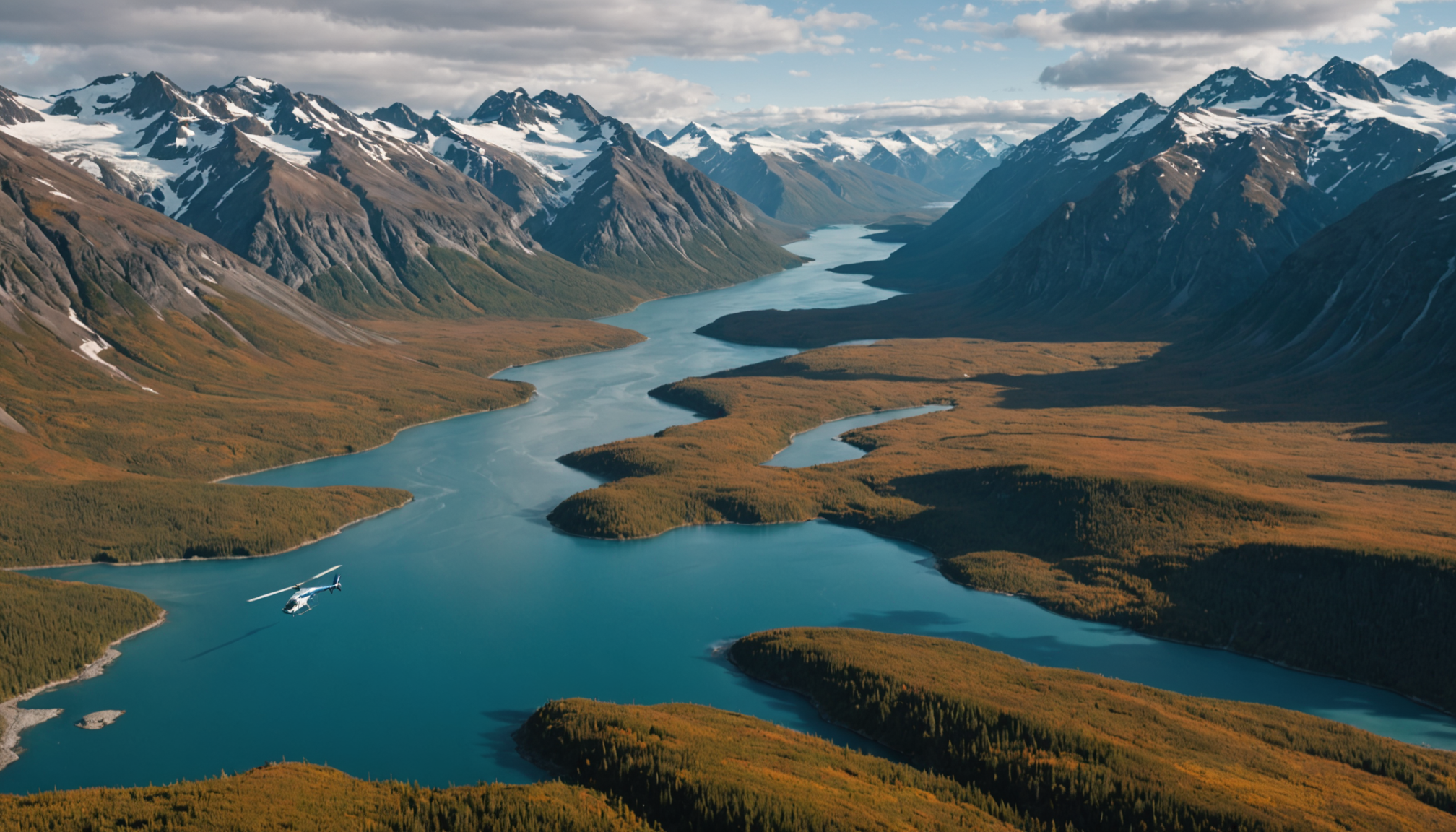 Aerial view of Prince William Sound with fall colors and snow-capped peaks
