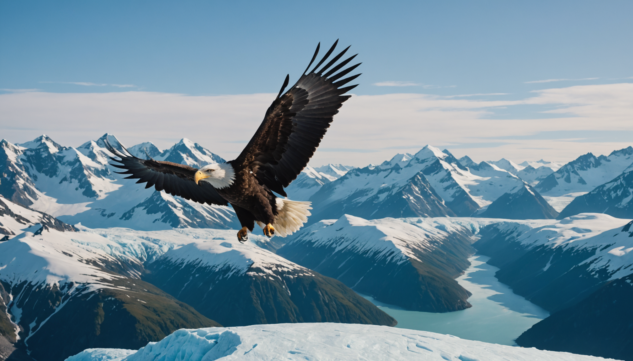 Close-up of a bald eagle soaring over the Alaskan wilderness