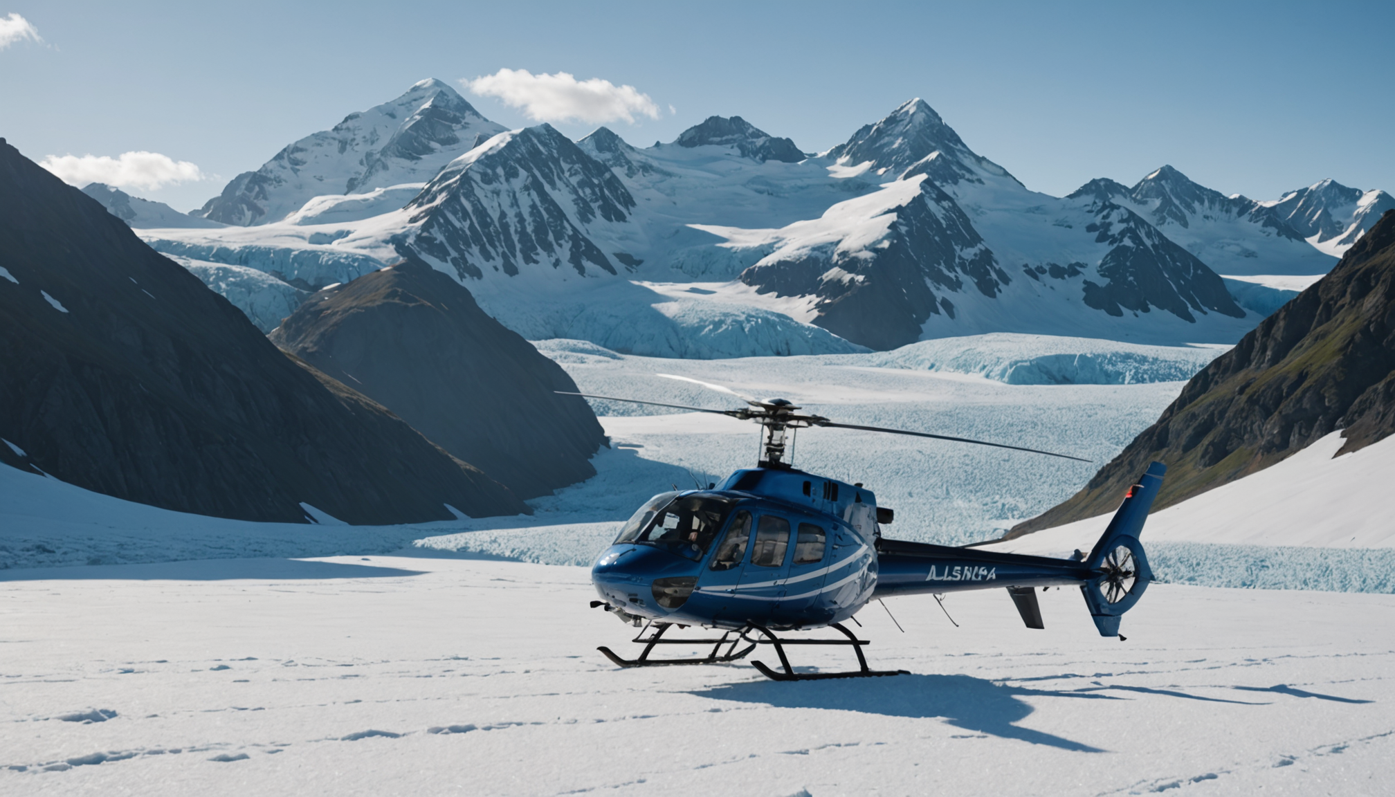 Helicopter landing on a snow-capped peak in the Chugach Mountains