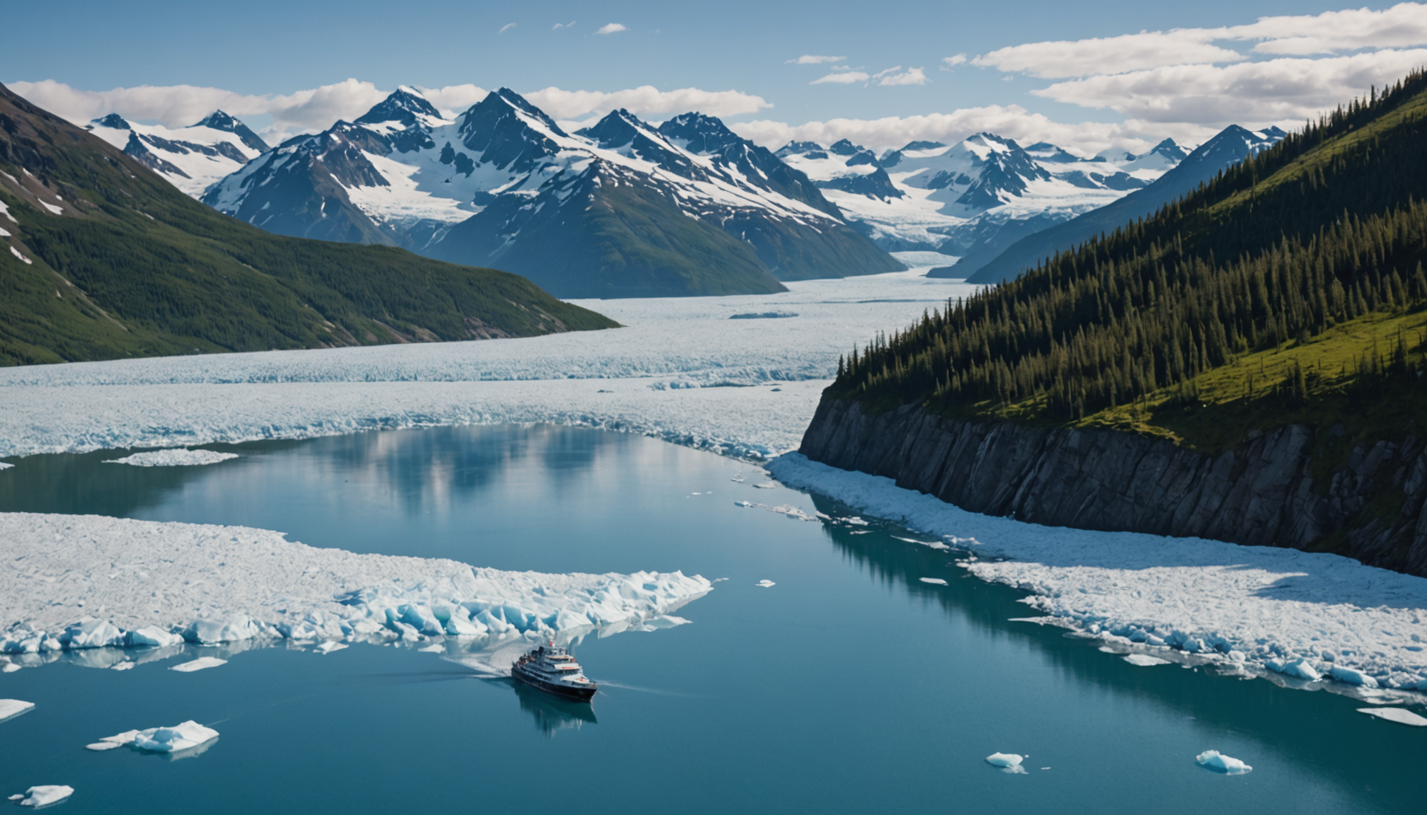 A small Alaskan cruise ship navigating through Prince William Sound