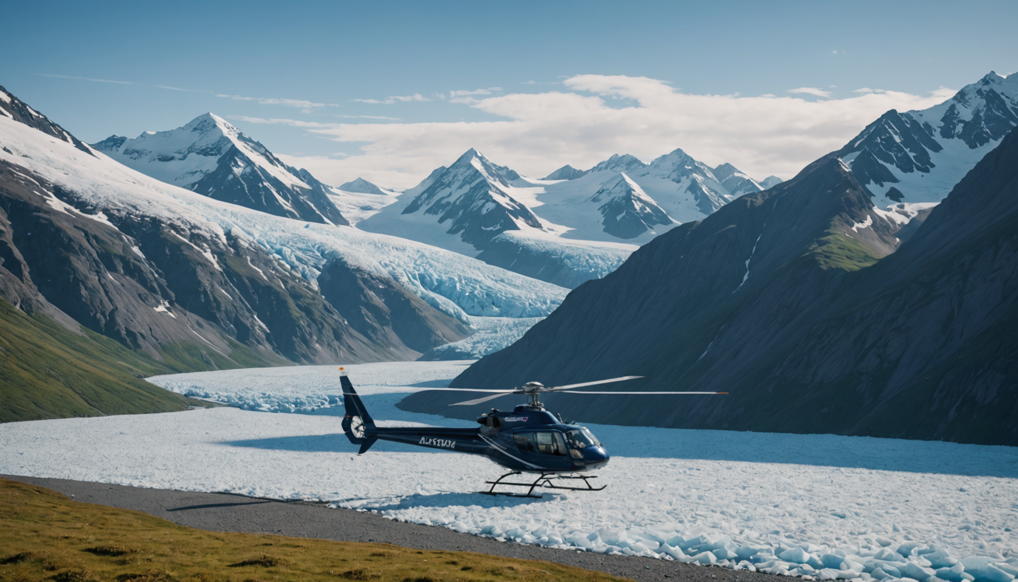 A helicopter landing near Knik Glacier with passengers in appropriate gear